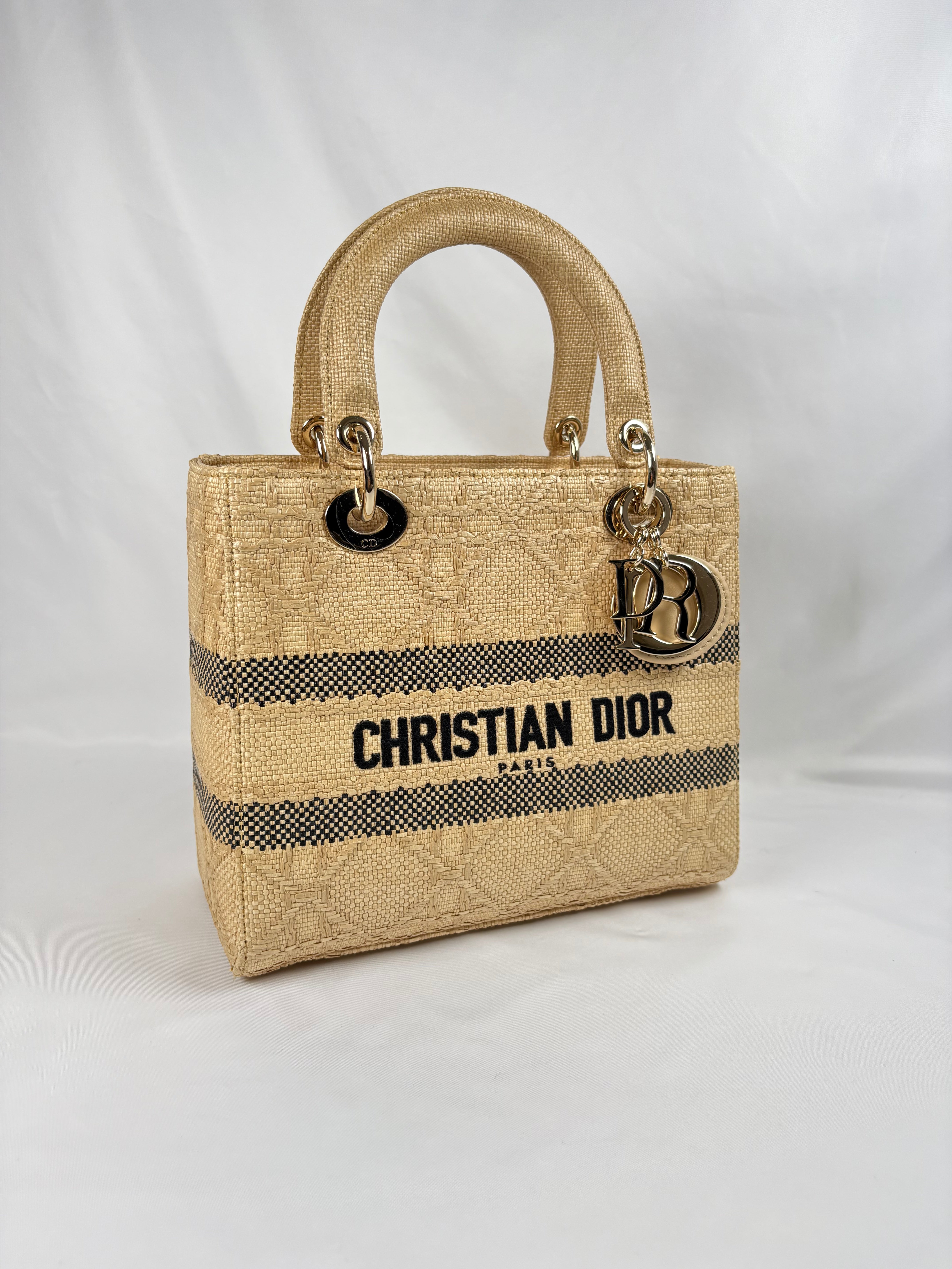 Pre-Owned CHRISTIAN DIOR Lady D-lite Natural Raffia Handbag, Medium