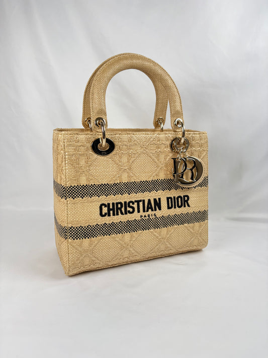 Pre-Owned CHRISTIAN DIOR Lady D-lite Natural Raffia Handbag, Medium