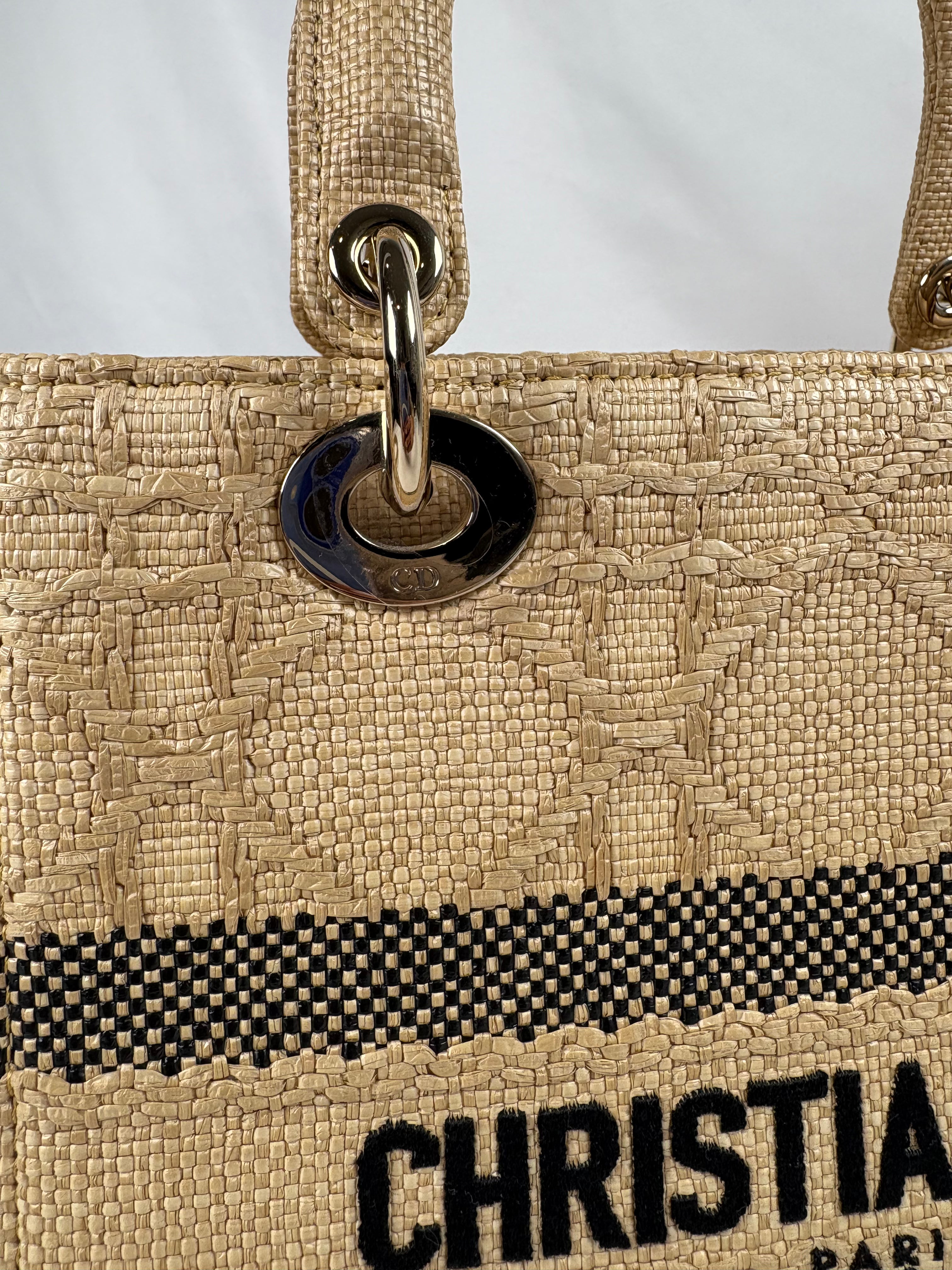 Pre-Owned CHRISTIAN DIOR Lady D-lite Natural Raffia Handbag, Medium