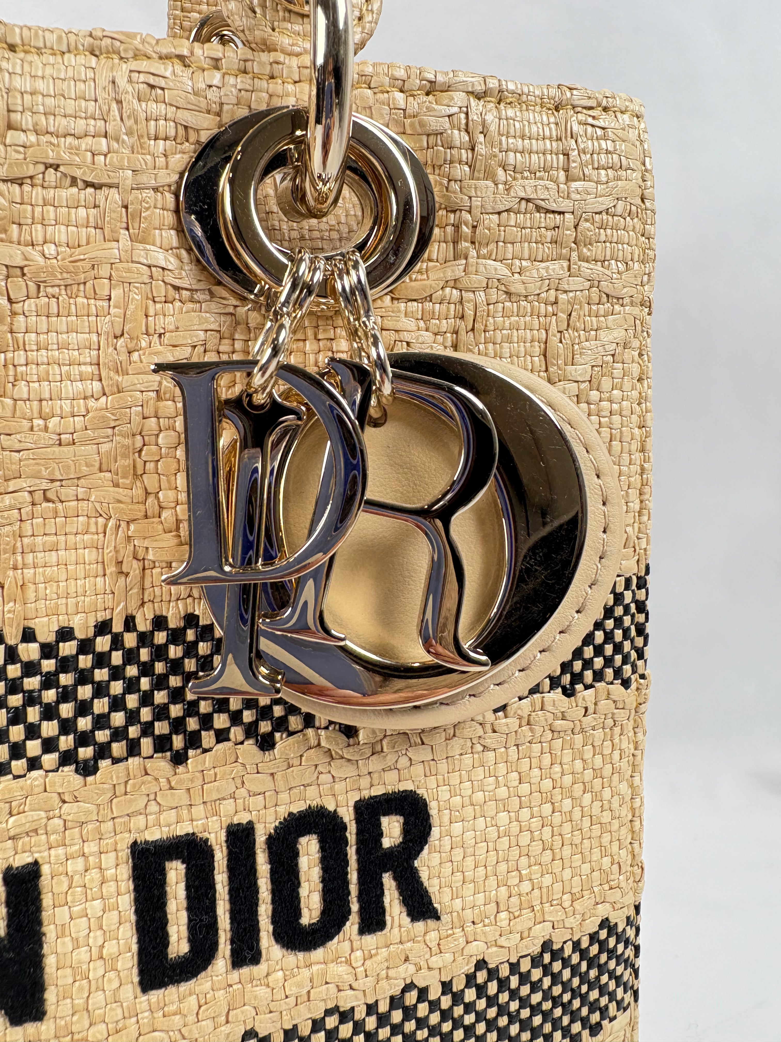 Pre-Owned CHRISTIAN DIOR Lady D-lite Natural Raffia Handbag, Medium