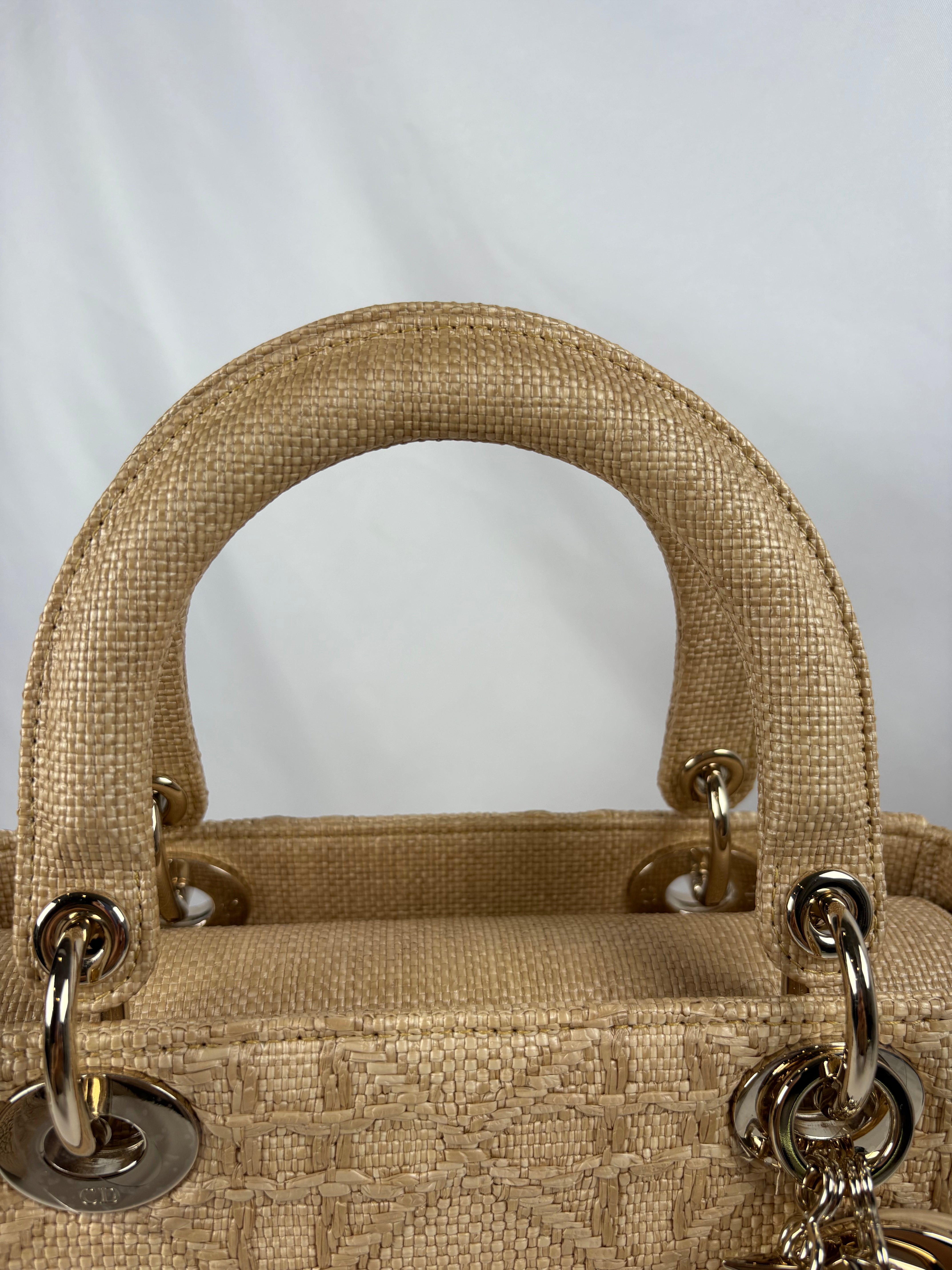 Pre-Owned CHRISTIAN DIOR Lady D-lite Natural Raffia Handbag, Medium