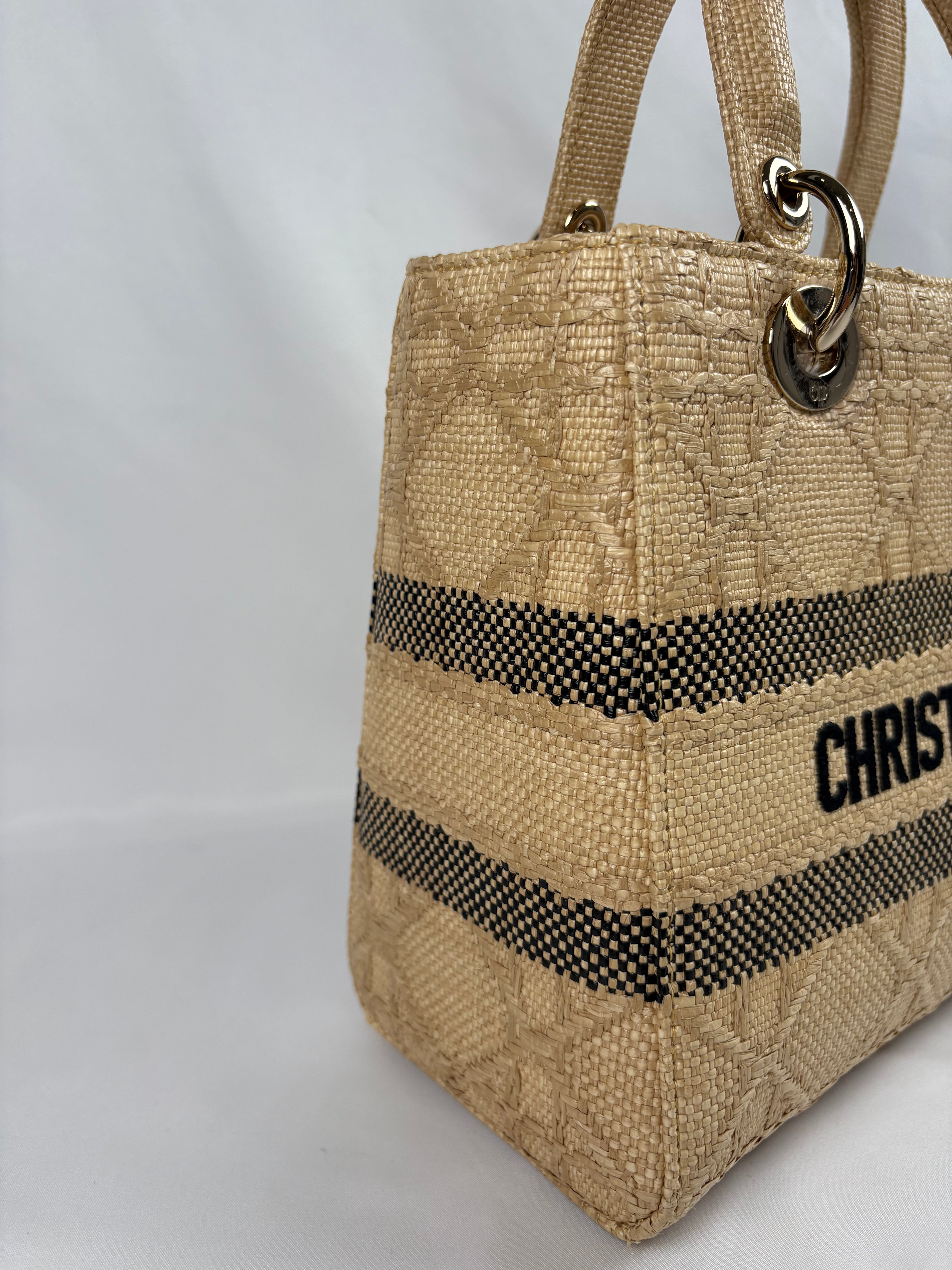 Pre-Owned CHRISTIAN DIOR Lady D-lite Natural Raffia Handbag, Medium