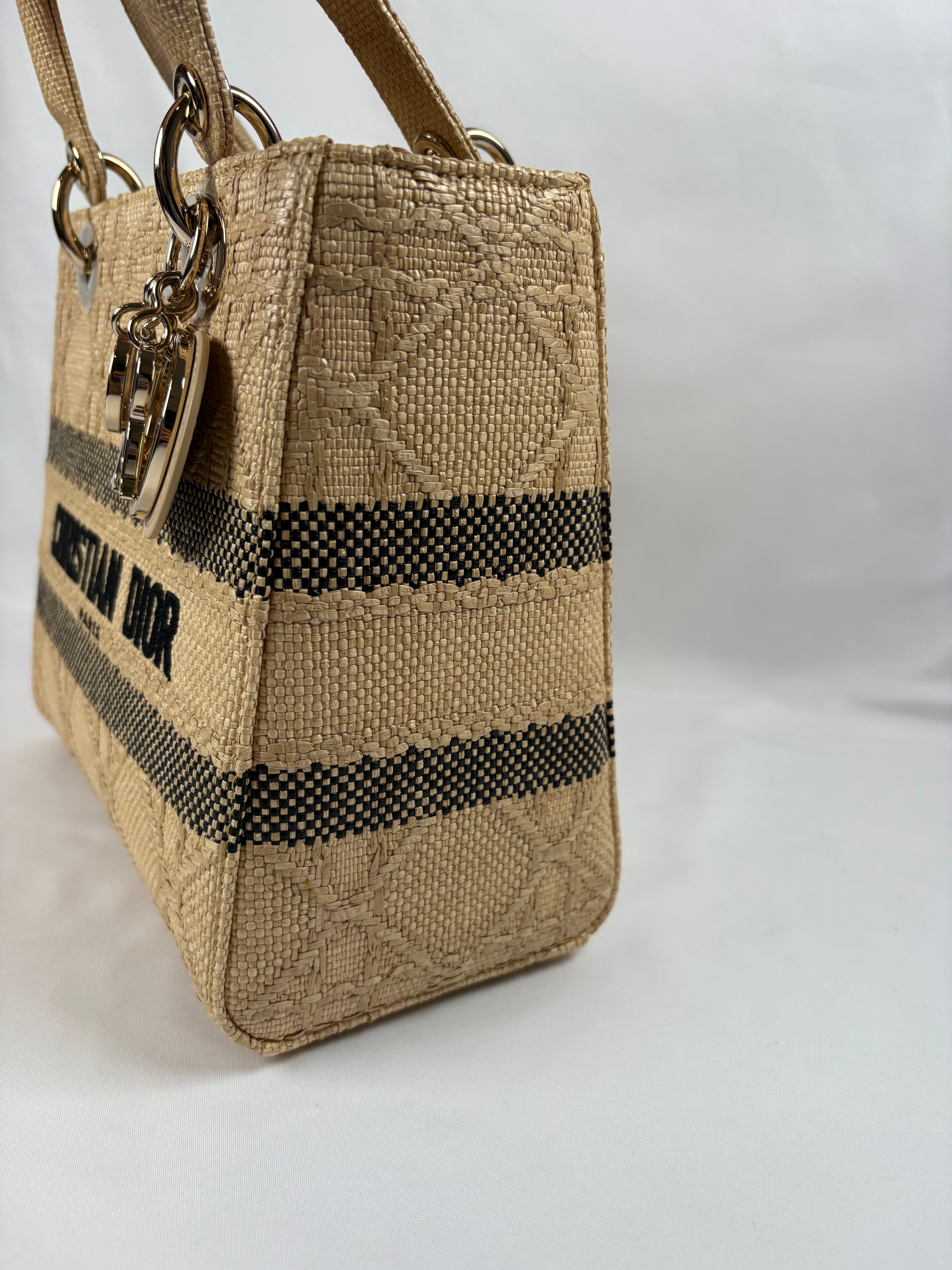 Pre-Owned CHRISTIAN DIOR Lady D-lite Natural Raffia Handbag, Medium
