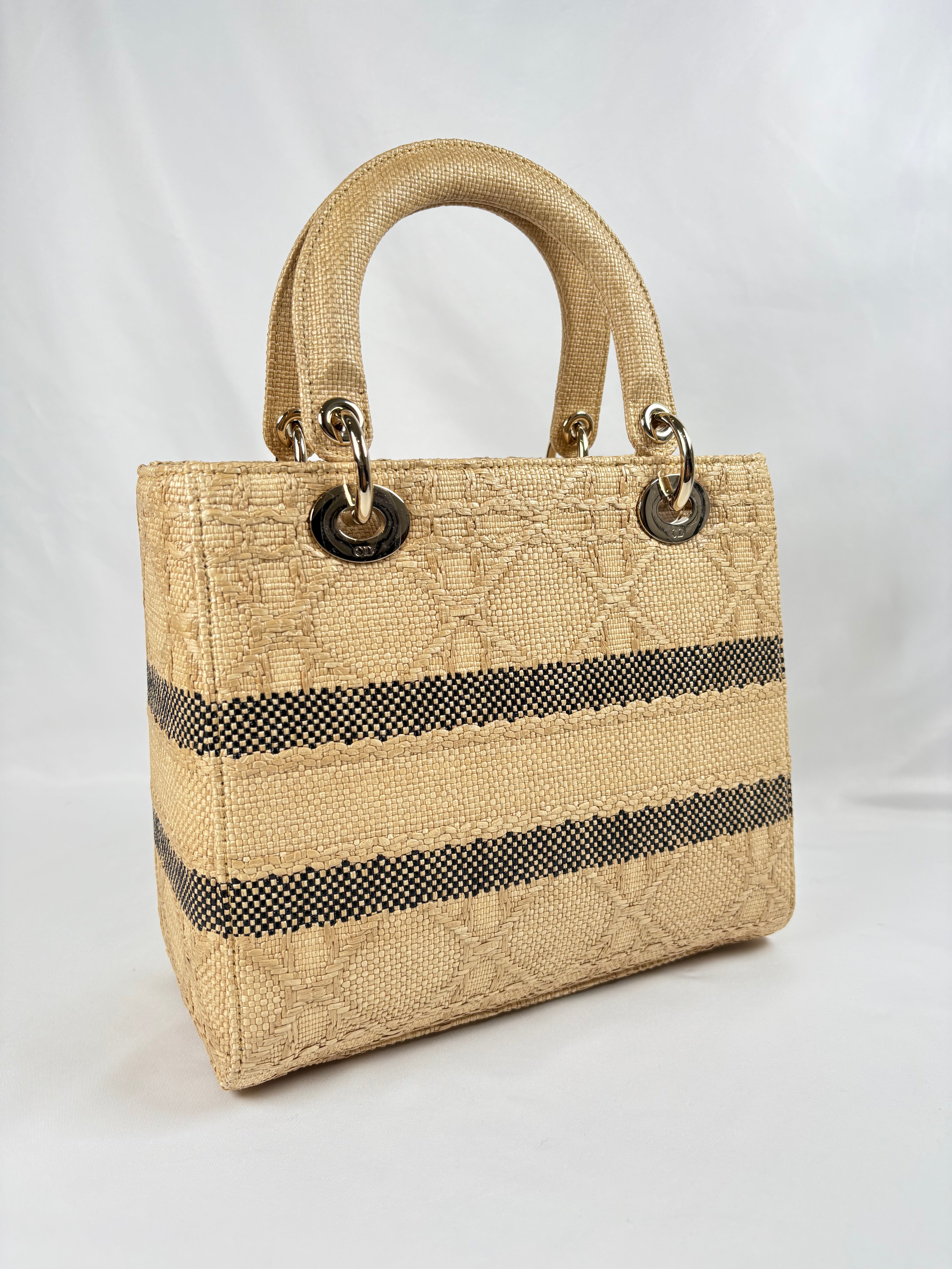 Pre-Owned CHRISTIAN DIOR Lady D-lite Natural Raffia Handbag, Medium
