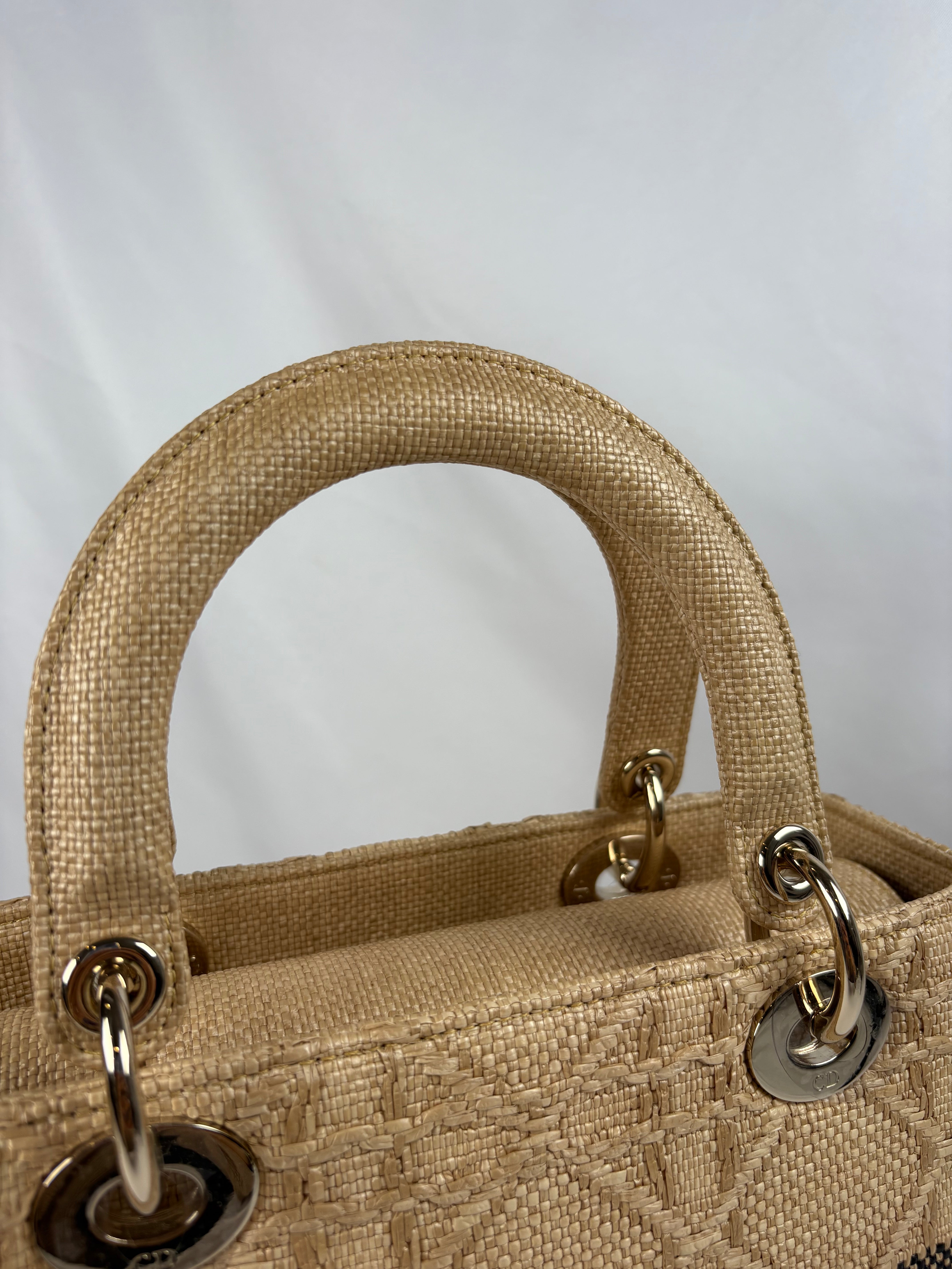 Pre-Owned CHRISTIAN DIOR Lady D-lite Natural Raffia Handbag, Medium