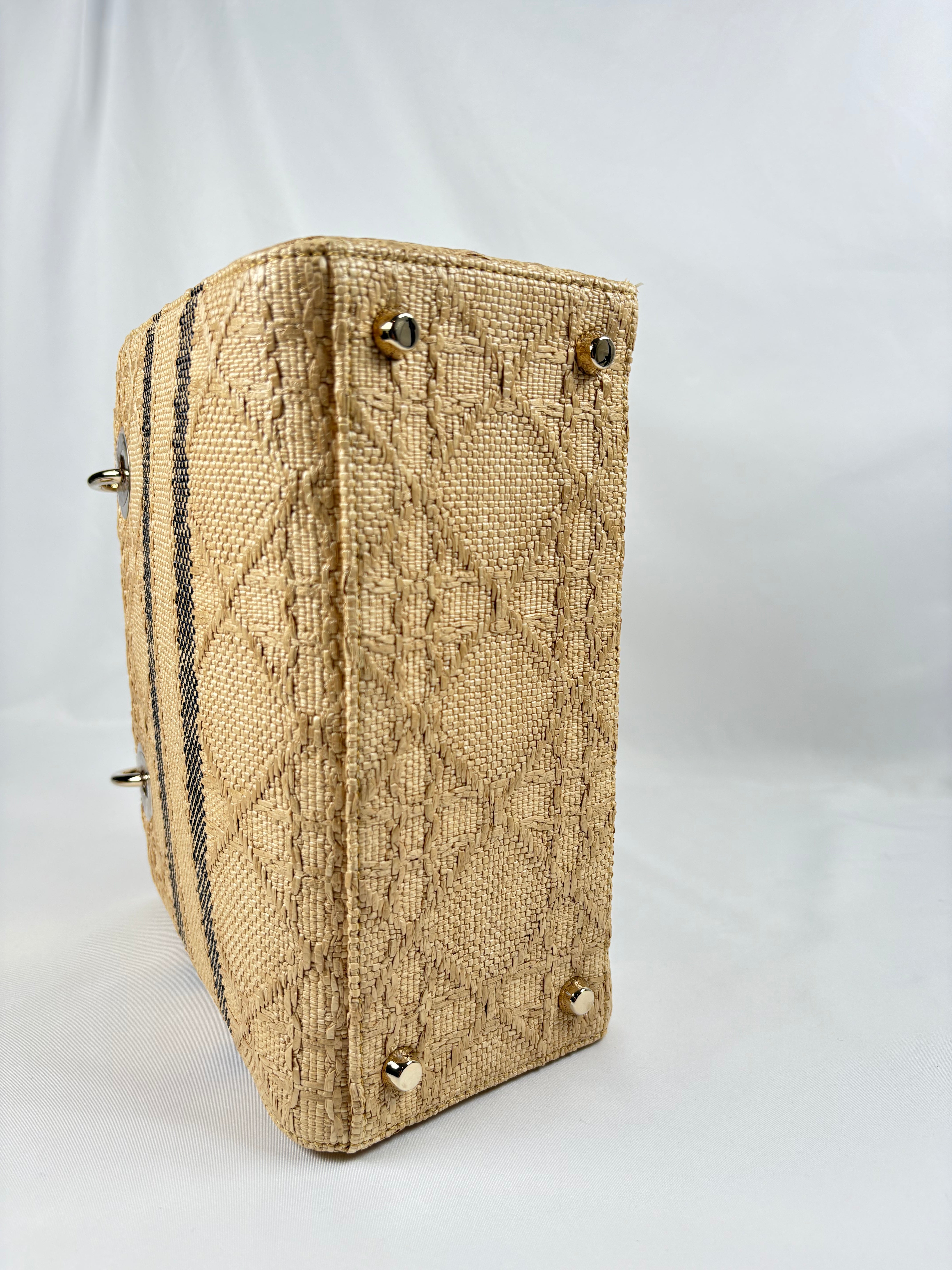 Pre-Owned CHRISTIAN DIOR Lady D-lite Natural Raffia Handbag, Medium