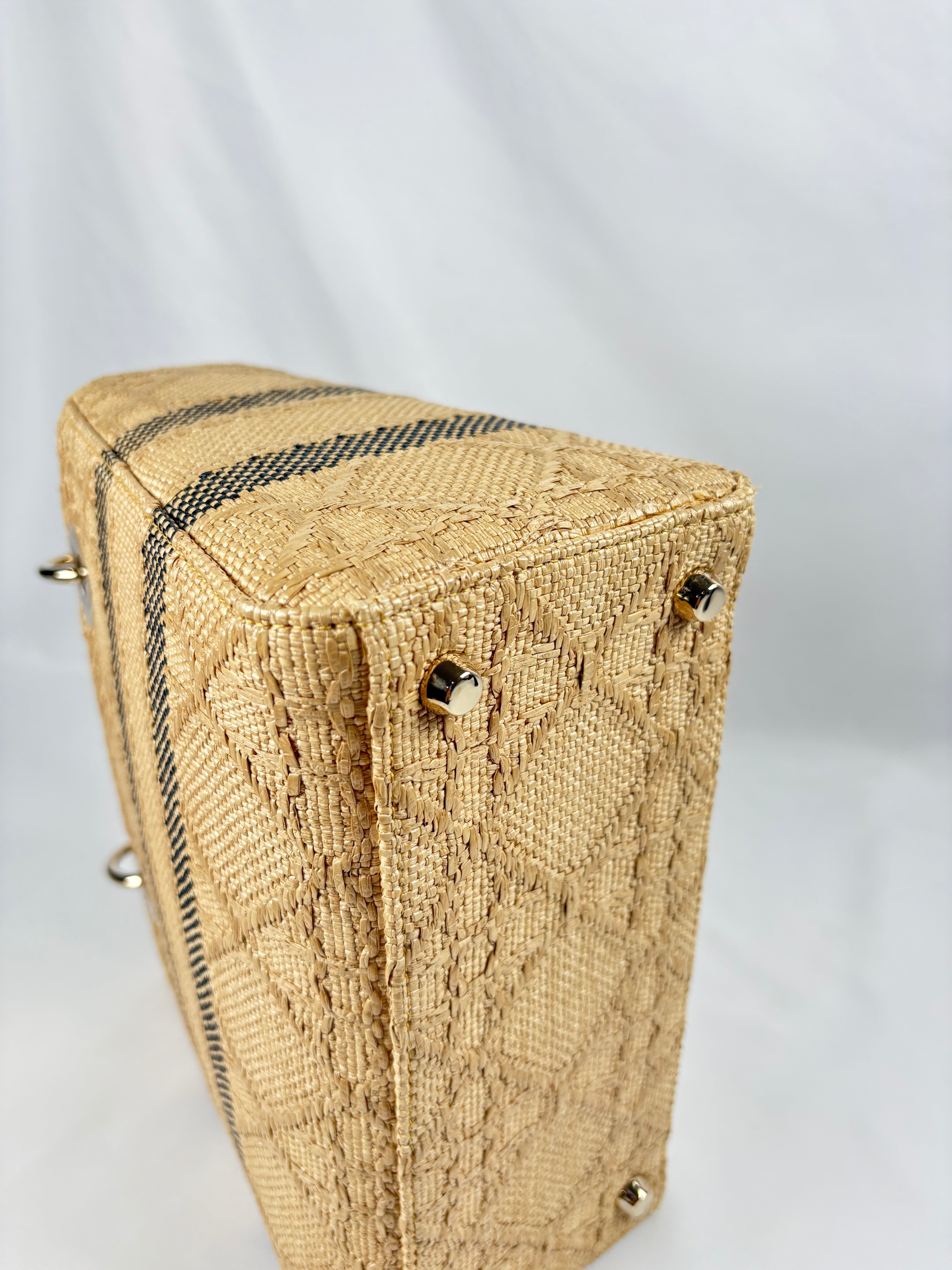 Pre-Owned CHRISTIAN DIOR Lady D-lite Natural Raffia Handbag, Medium