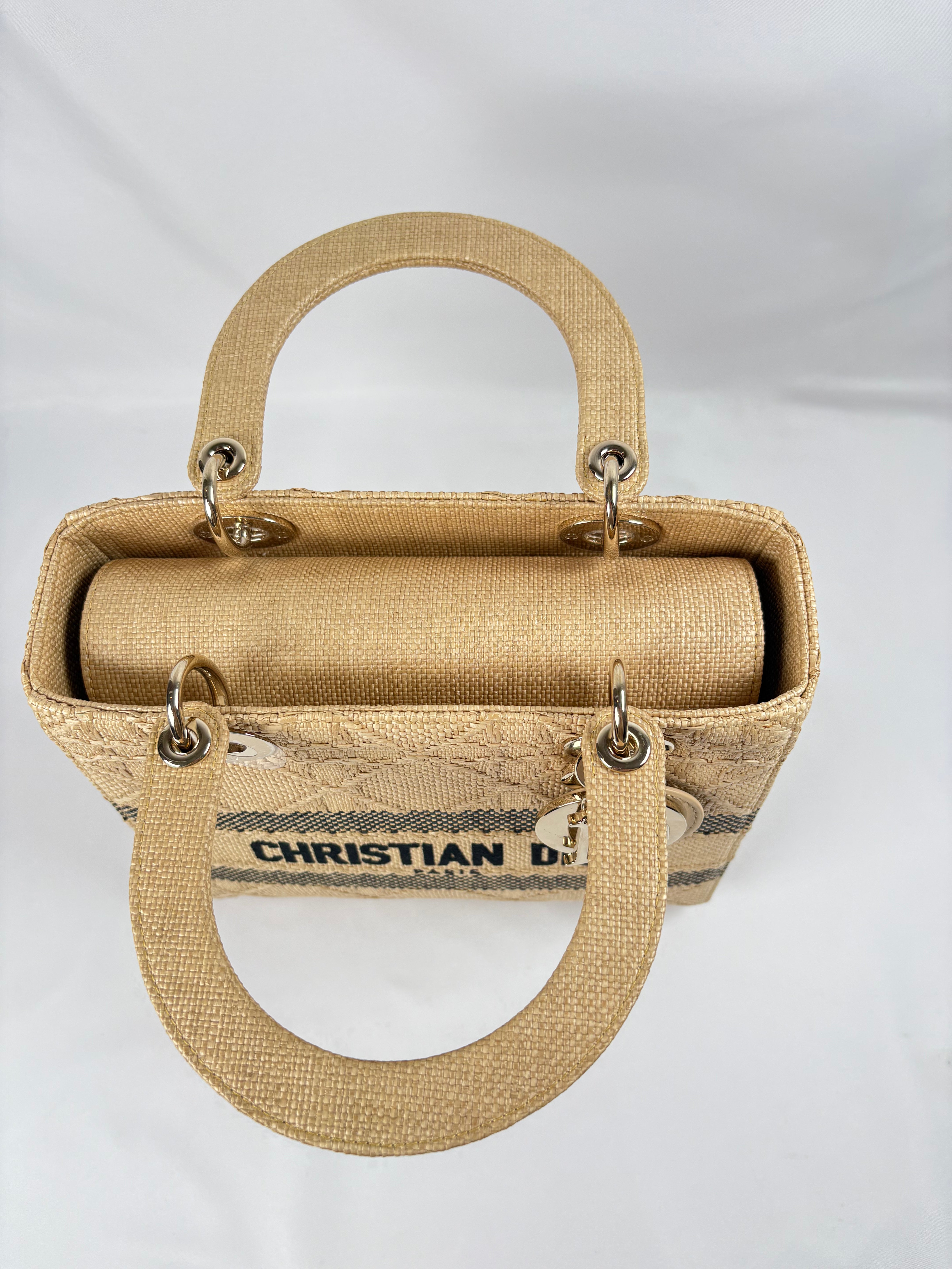 Pre-Owned CHRISTIAN DIOR Lady D-lite Natural Raffia Handbag, Medium
