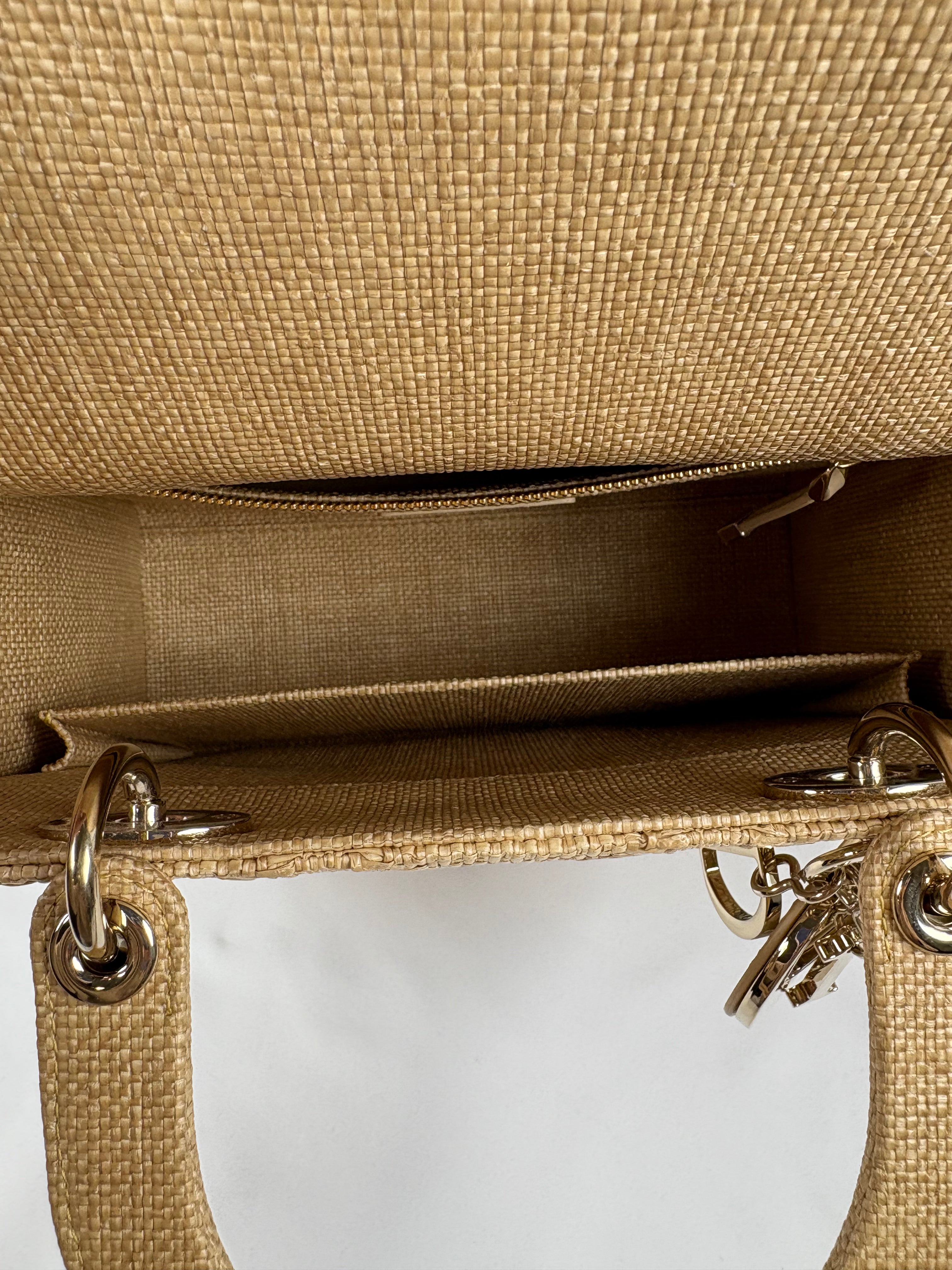 Pre-Owned CHRISTIAN DIOR Lady D-lite Natural Raffia Handbag, Medium
