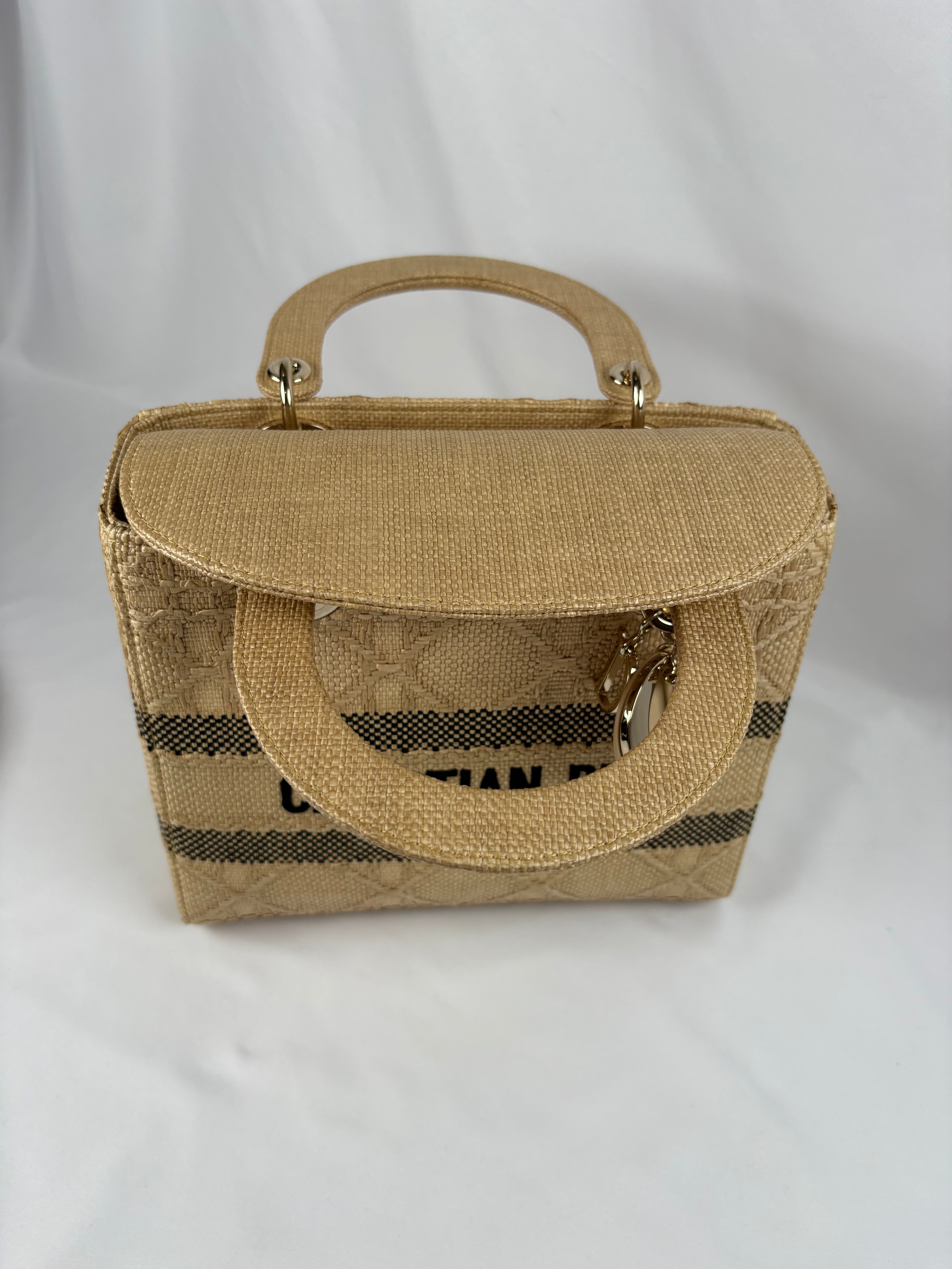 Pre-Owned CHRISTIAN DIOR Lady D-lite Natural Raffia Handbag, Medium