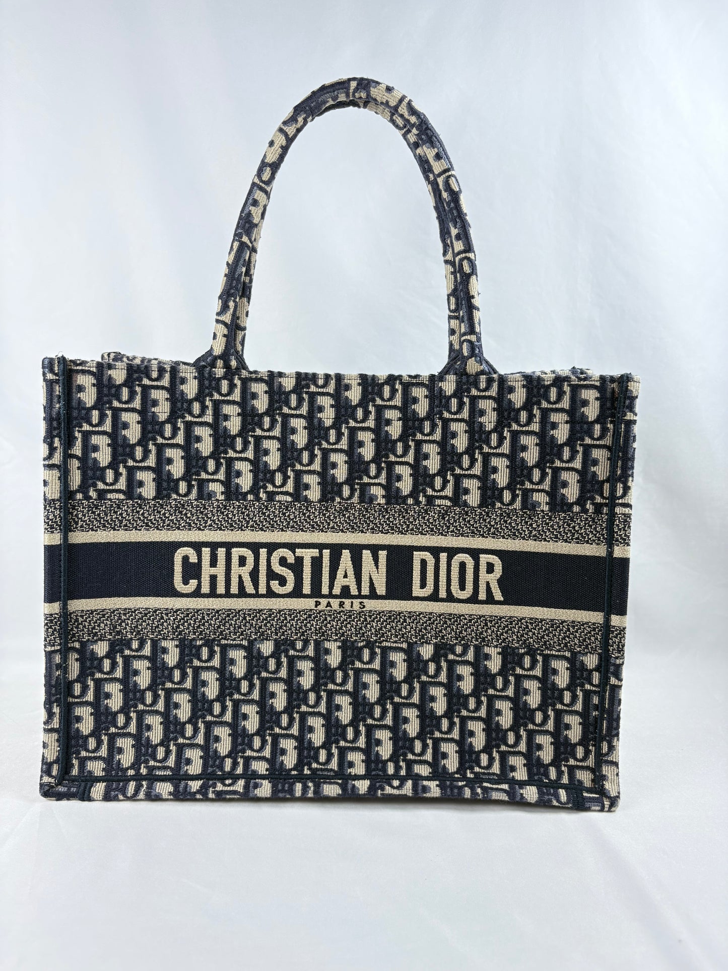 Pre-Owned CHRISTIAN DIOR Book Tote Ecru & Blue Oblique Embroidery Handbag, Medium