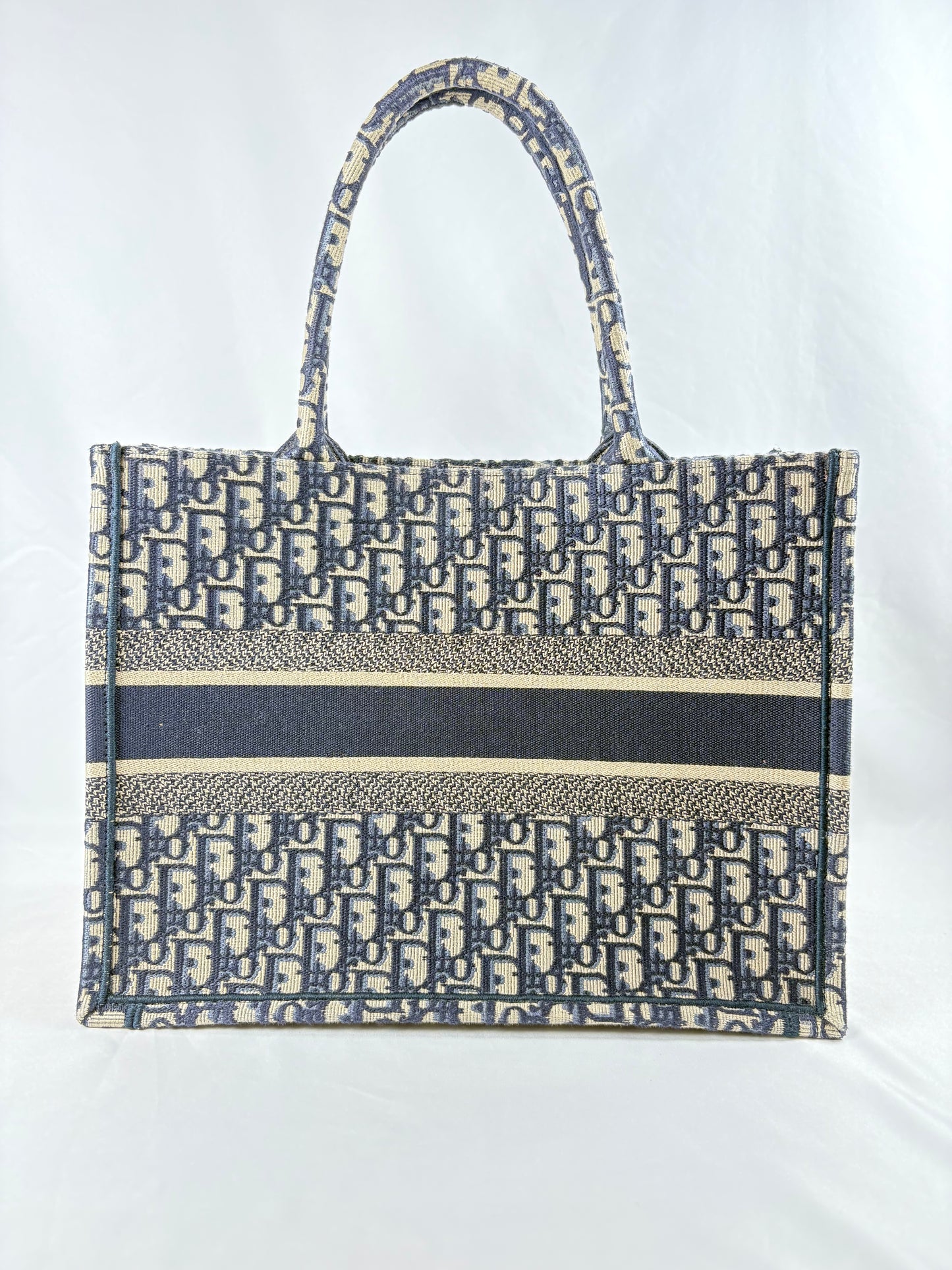 Pre-Owned CHRISTIAN DIOR Book Tote Ecru & Blue Oblique Embroidery Handbag, Medium