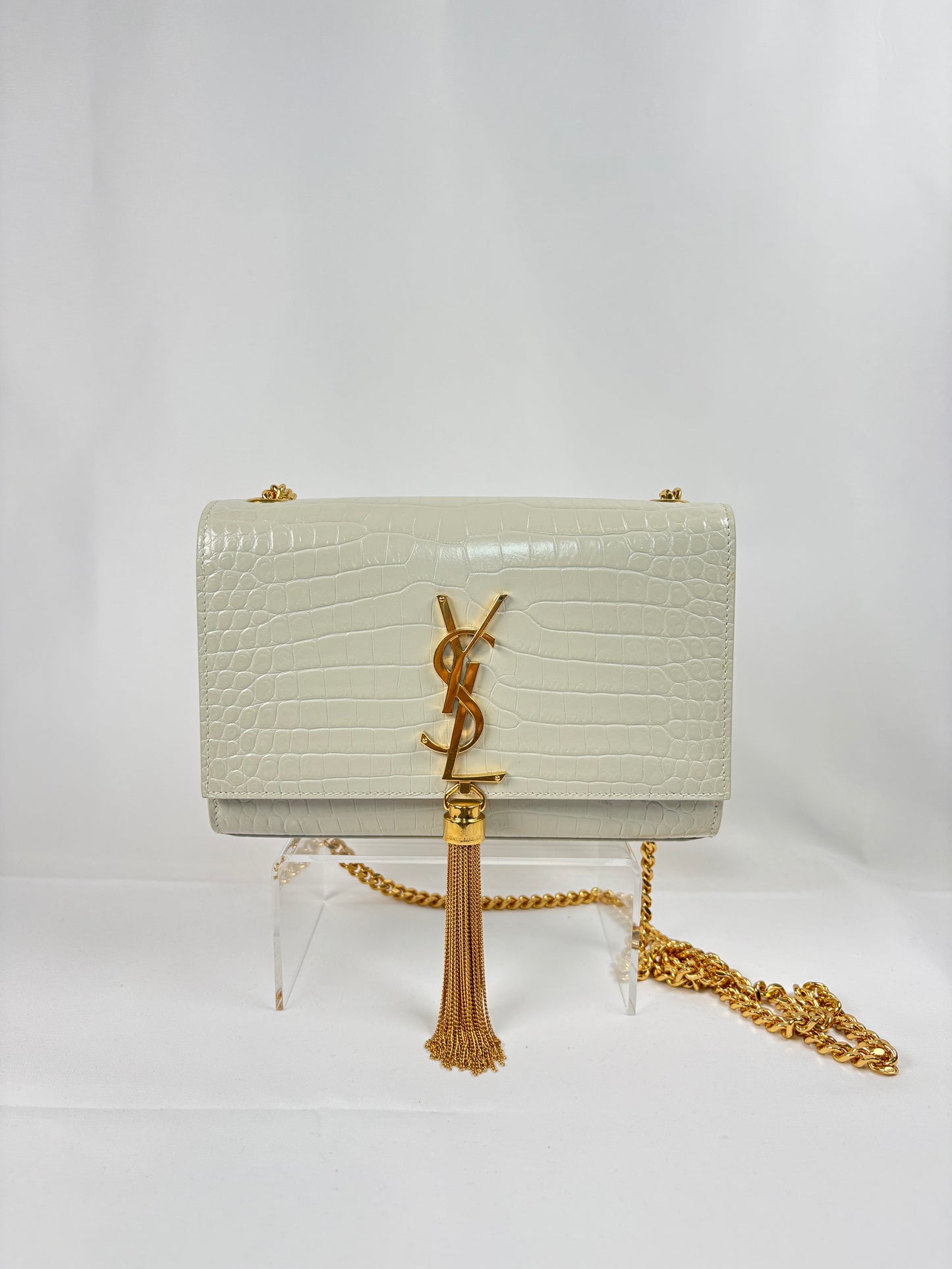 Pre-Owned SAINT LAURENT Kate Tassel in Croc Embossed Crema Soft Handbag, Small