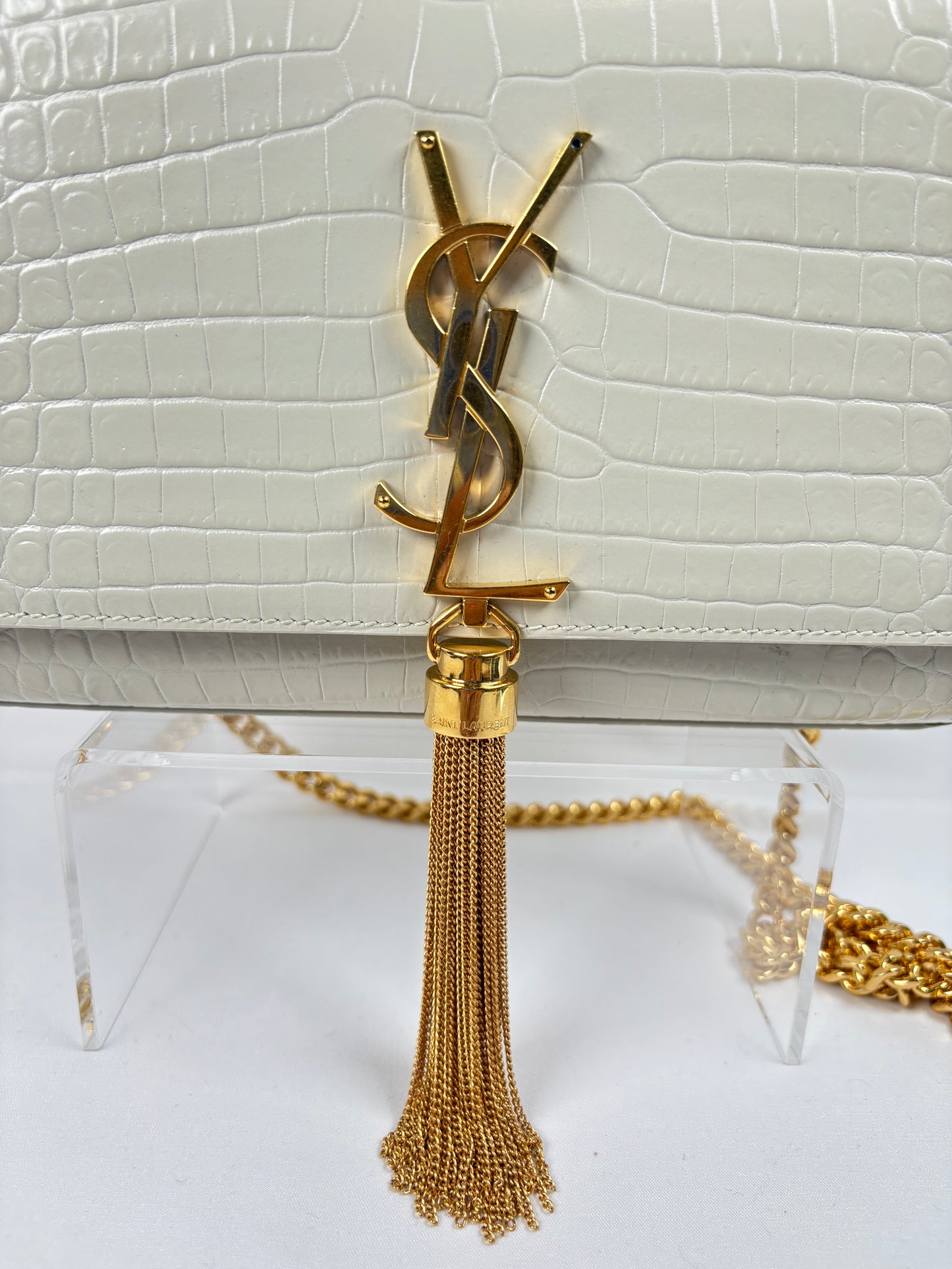 Pre-Owned SAINT LAURENT Kate Tassel in Croc Embossed Crema Soft Handbag, Small
