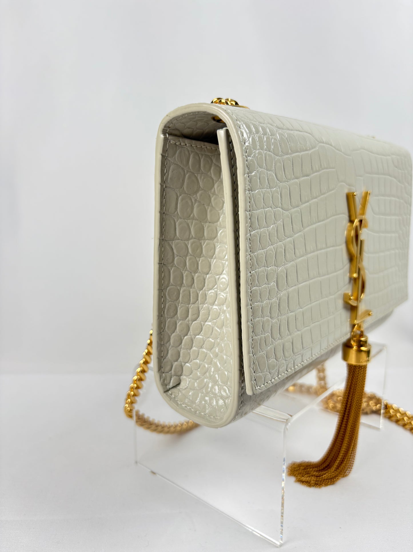 Pre-Owned SAINT LAURENT Kate Tassel in Croc Embossed Crema Soft Handbag, Small