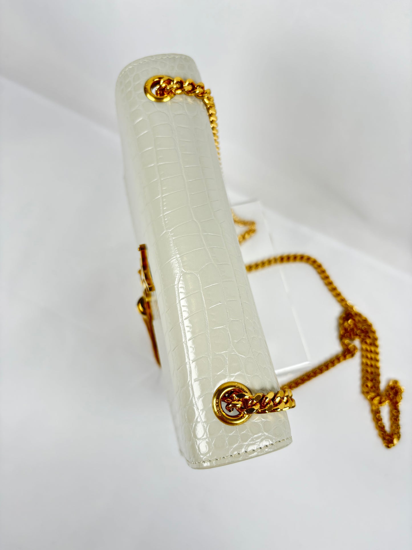 Pre-Owned SAINT LAURENT Kate Tassel in Croc Embossed Crema Soft Handbag, Small