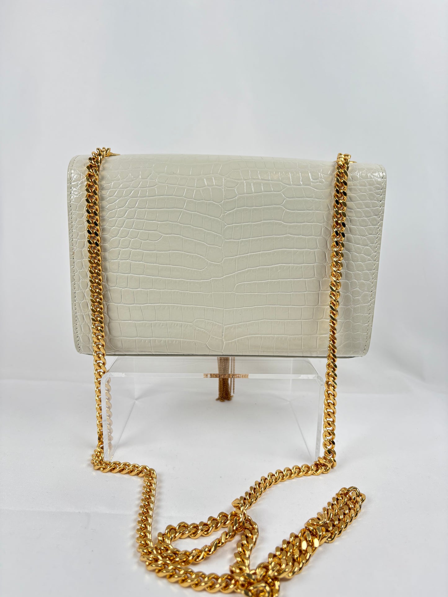 Pre-Owned SAINT LAURENT Kate Tassel in Croc Embossed Crema Soft Handbag, Small