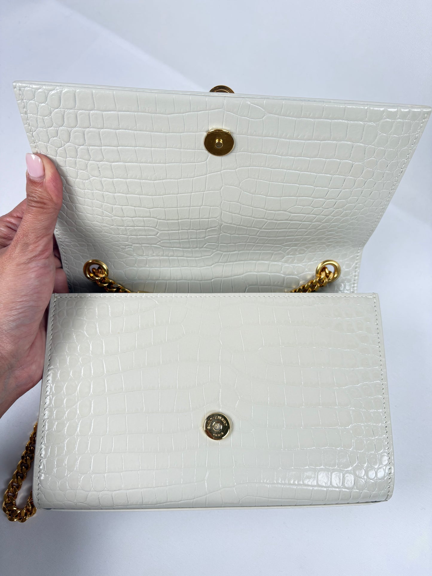 Pre-Owned SAINT LAURENT Kate Tassel in Croc Embossed Crema Soft Handbag, Small