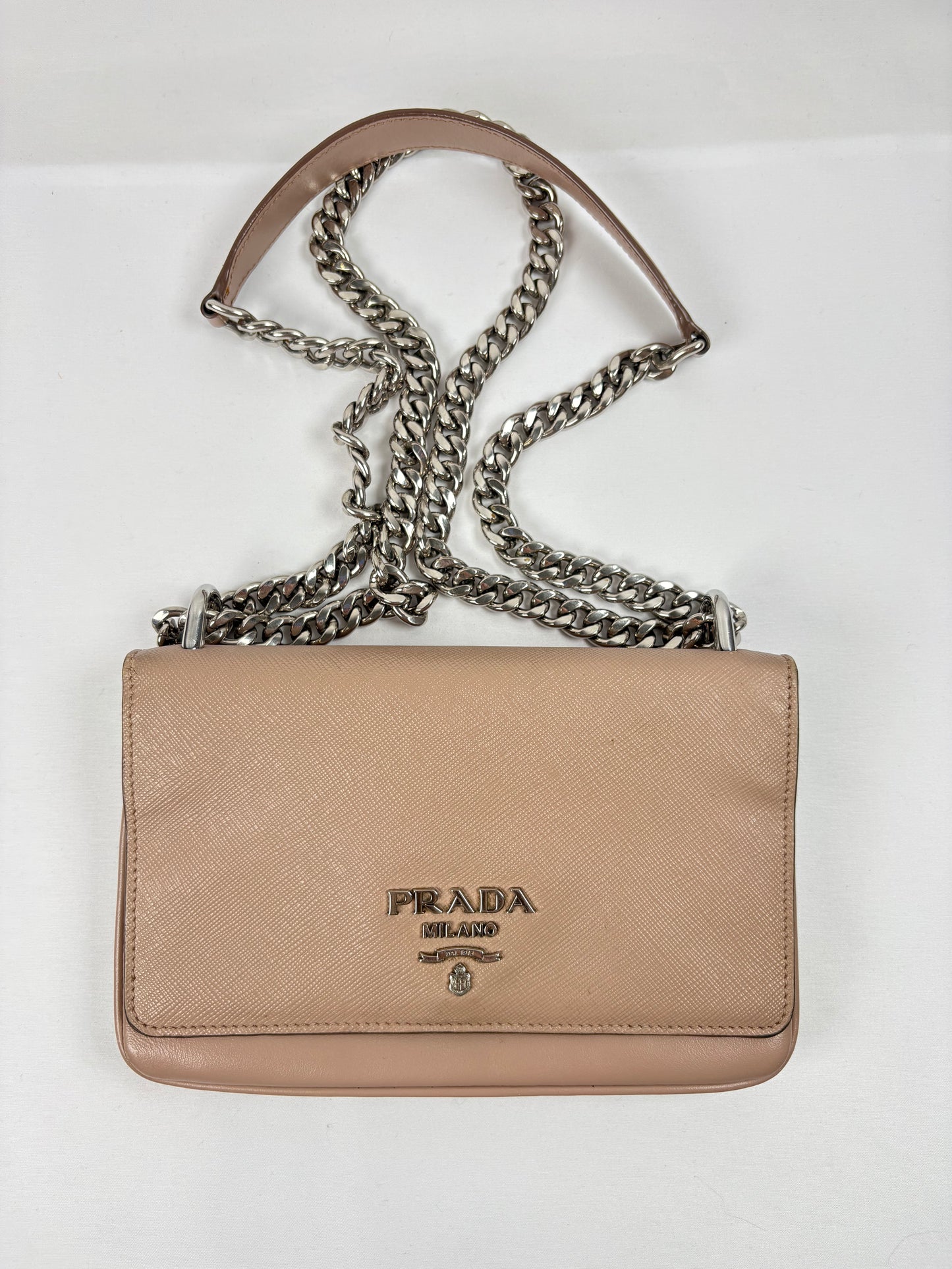 Pre-Owned PRADA Soft Calf & Saffiano Crossbody Nude Handbag