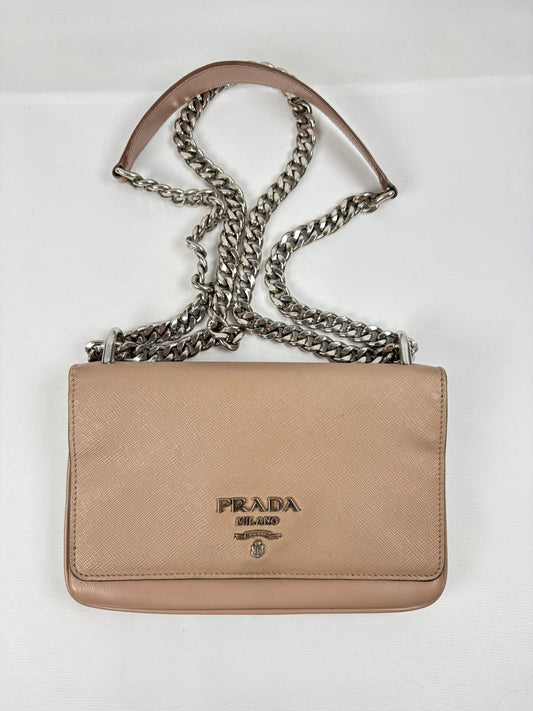 Pre-Owned PRADA Soft Calf & Saffiano Crossbody Nude Handbag
