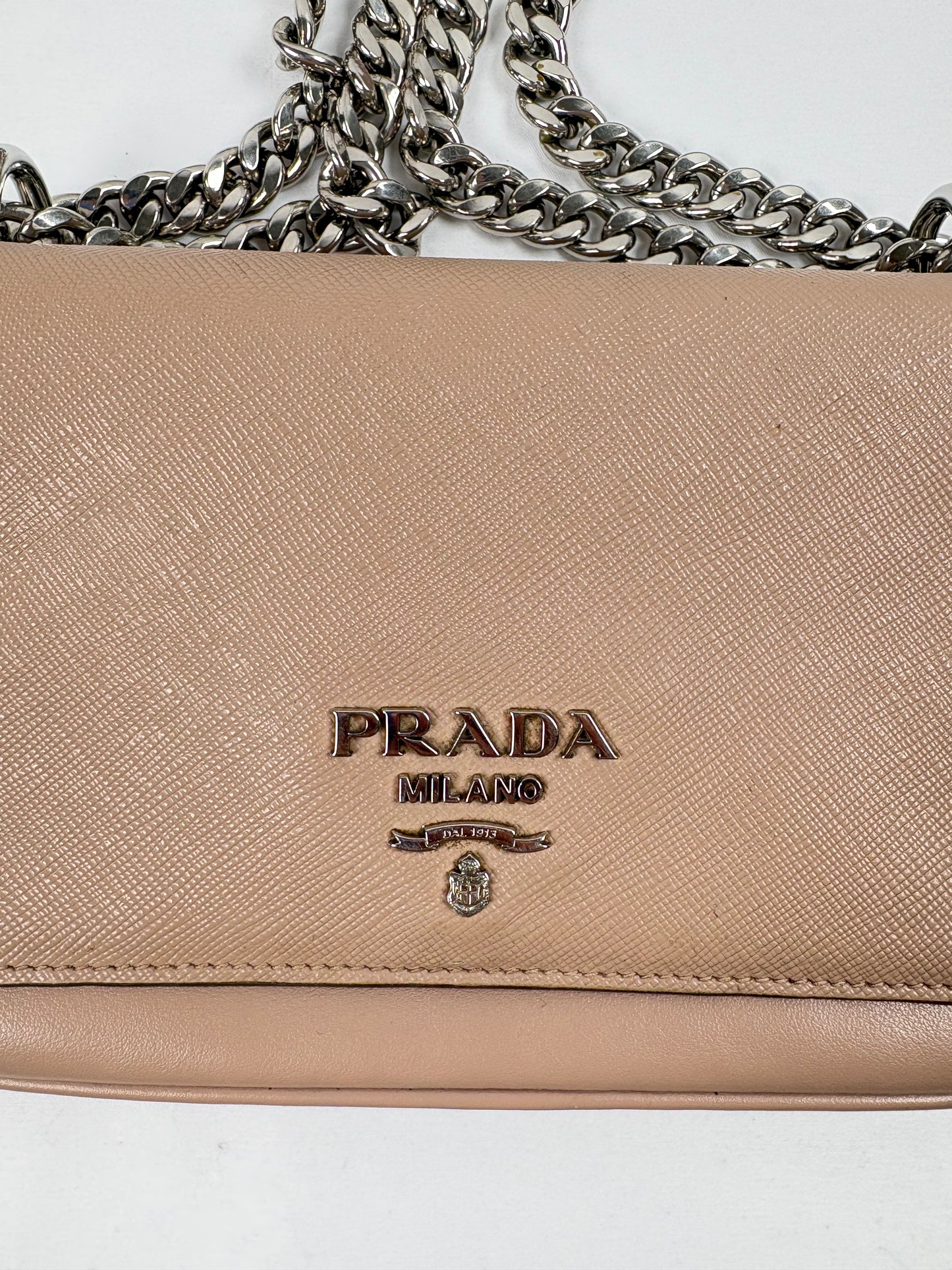 Pre-Owned PRADA Soft Calf & Saffiano Crossbody Nude Handbag