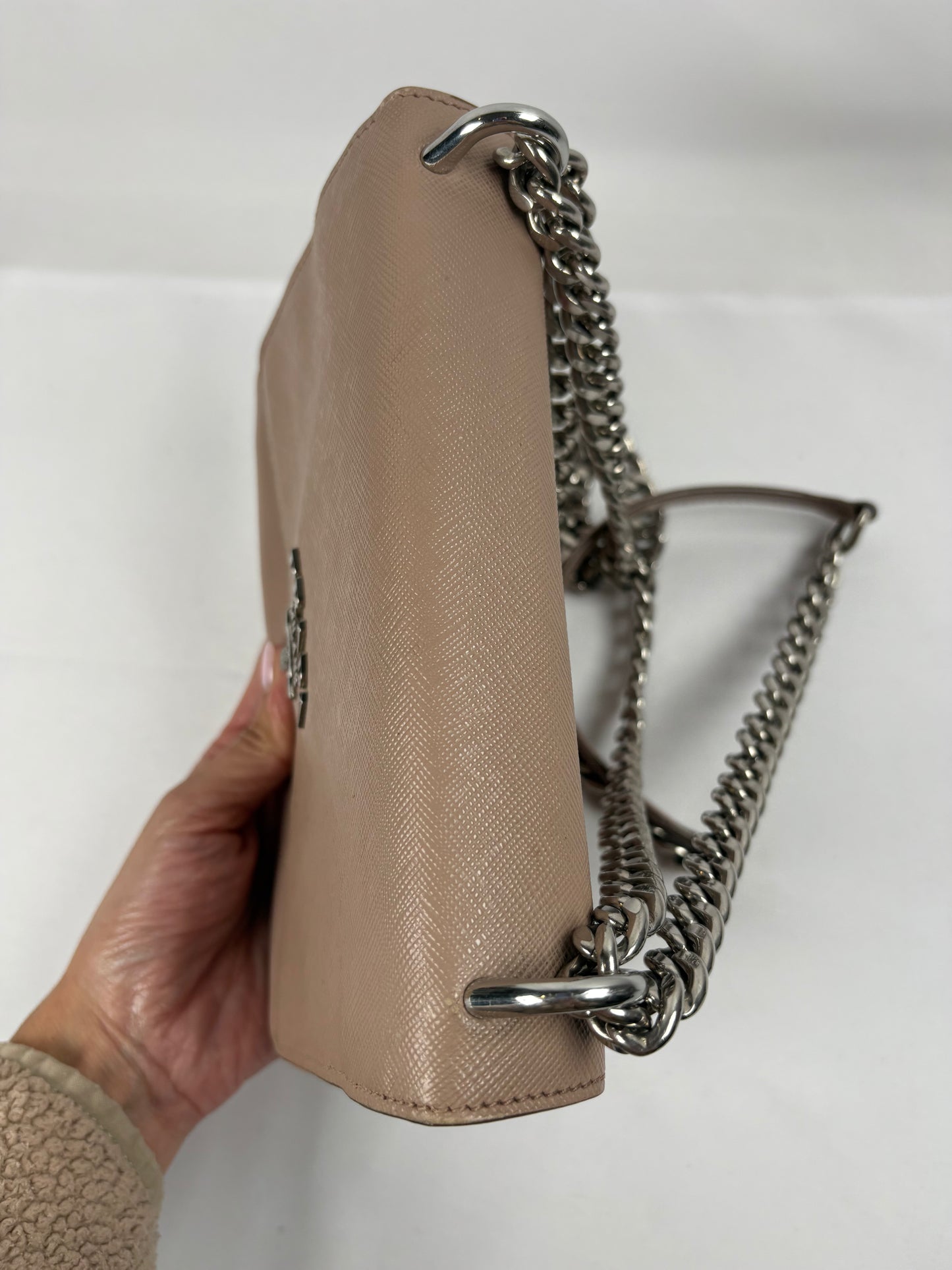 Pre-Owned PRADA Soft Calf & Saffiano Crossbody Nude Handbag