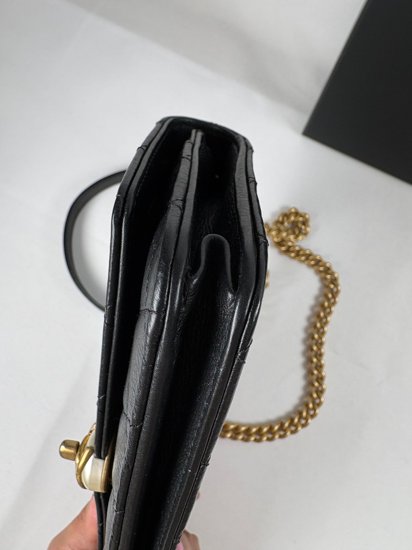 Pre-Owned CHANEL™ Pearl Wallet on Chain Handbag, Black
