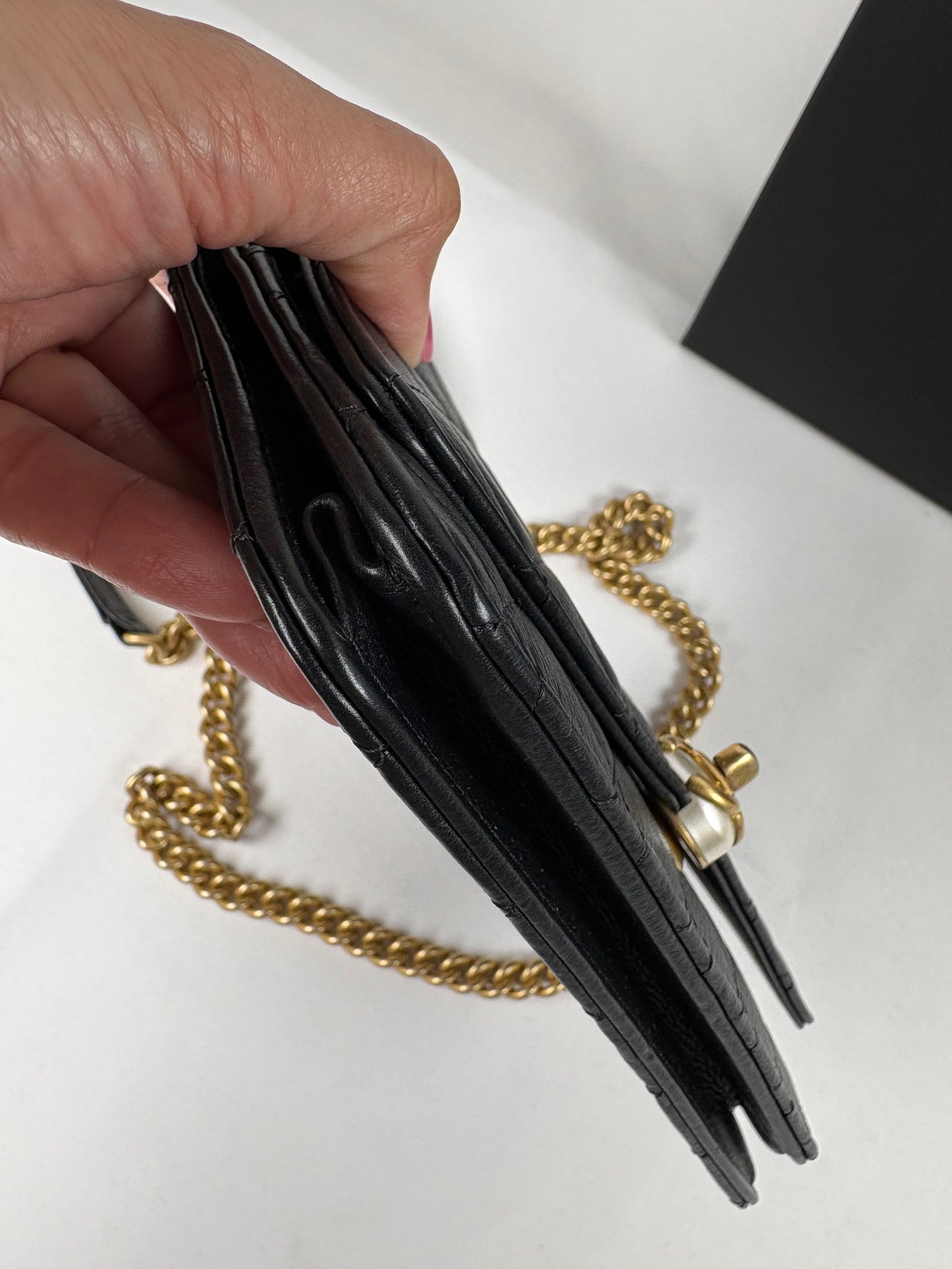 Pre-Owned CHANEL™ Pearl Wallet on Chain Handbag, Black