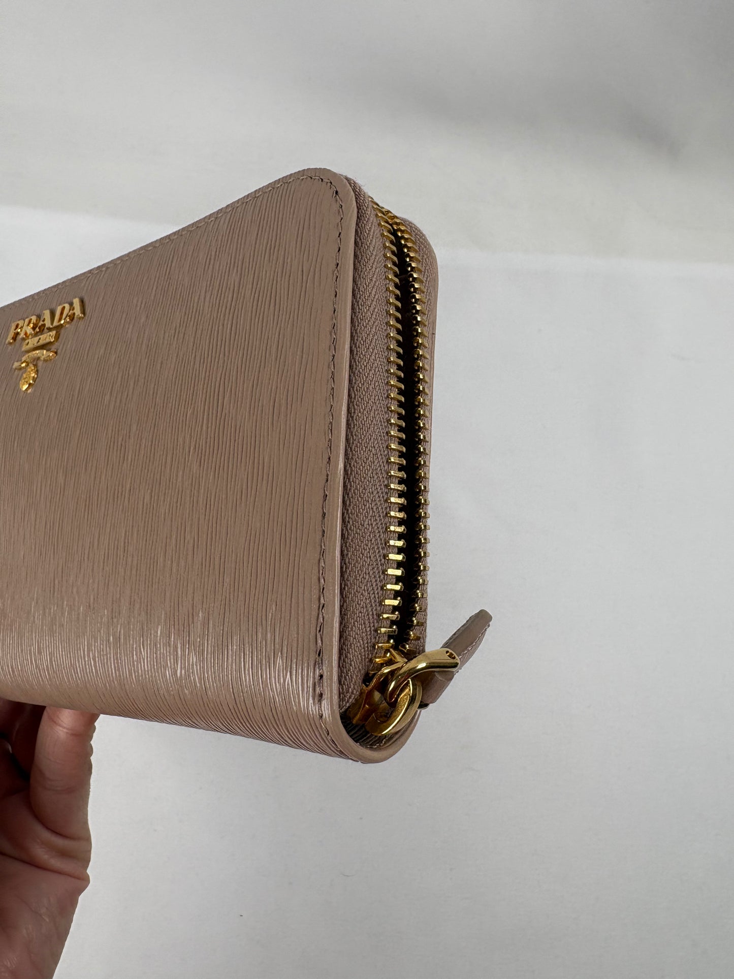 Pre-Owned PRADA Saffiano Leather Long Zip Around Wallet, Nude