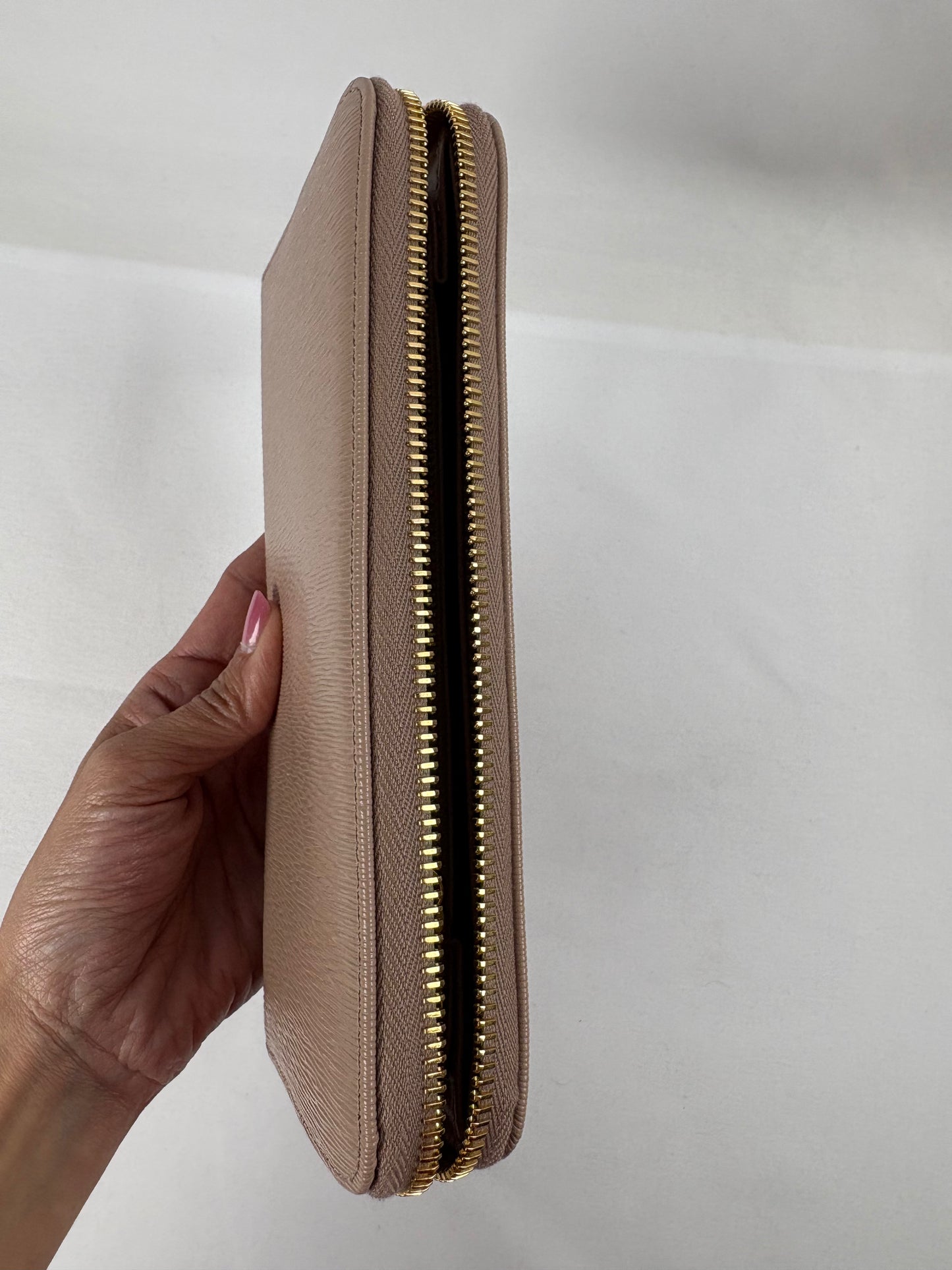 Pre-Owned PRADA Saffiano Leather Long Zip Around Wallet, Nude