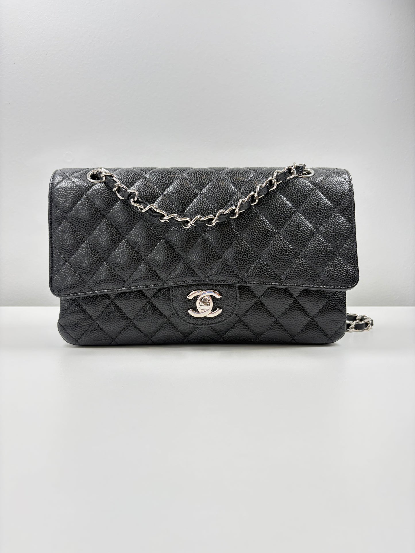 Pre-Owned CHANEL™ Double Flap Handbag, Black/SHW, Medium
