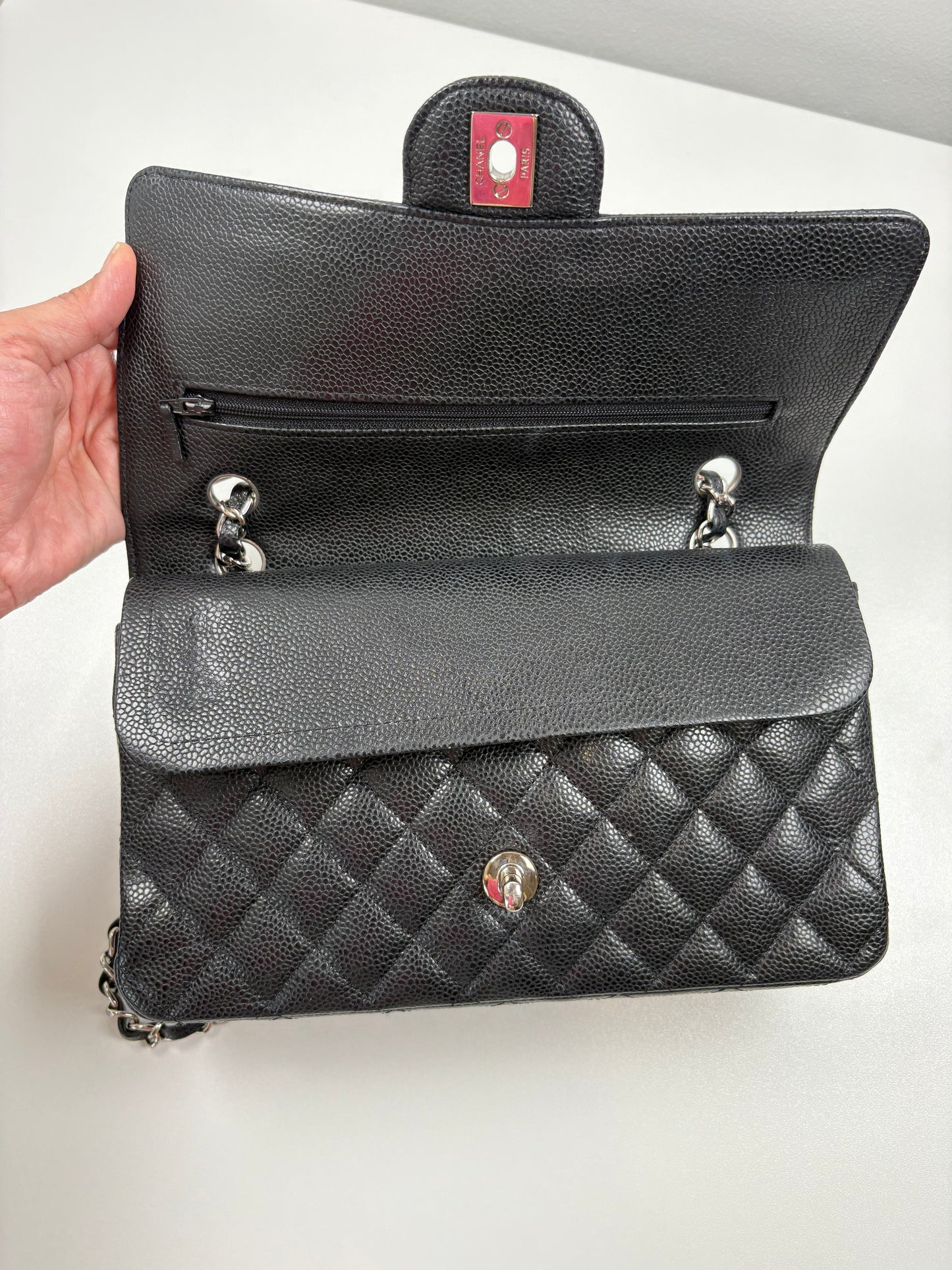 Pre-Owned CHANEL™ Double Flap Handbag, Black/SHW, Medium