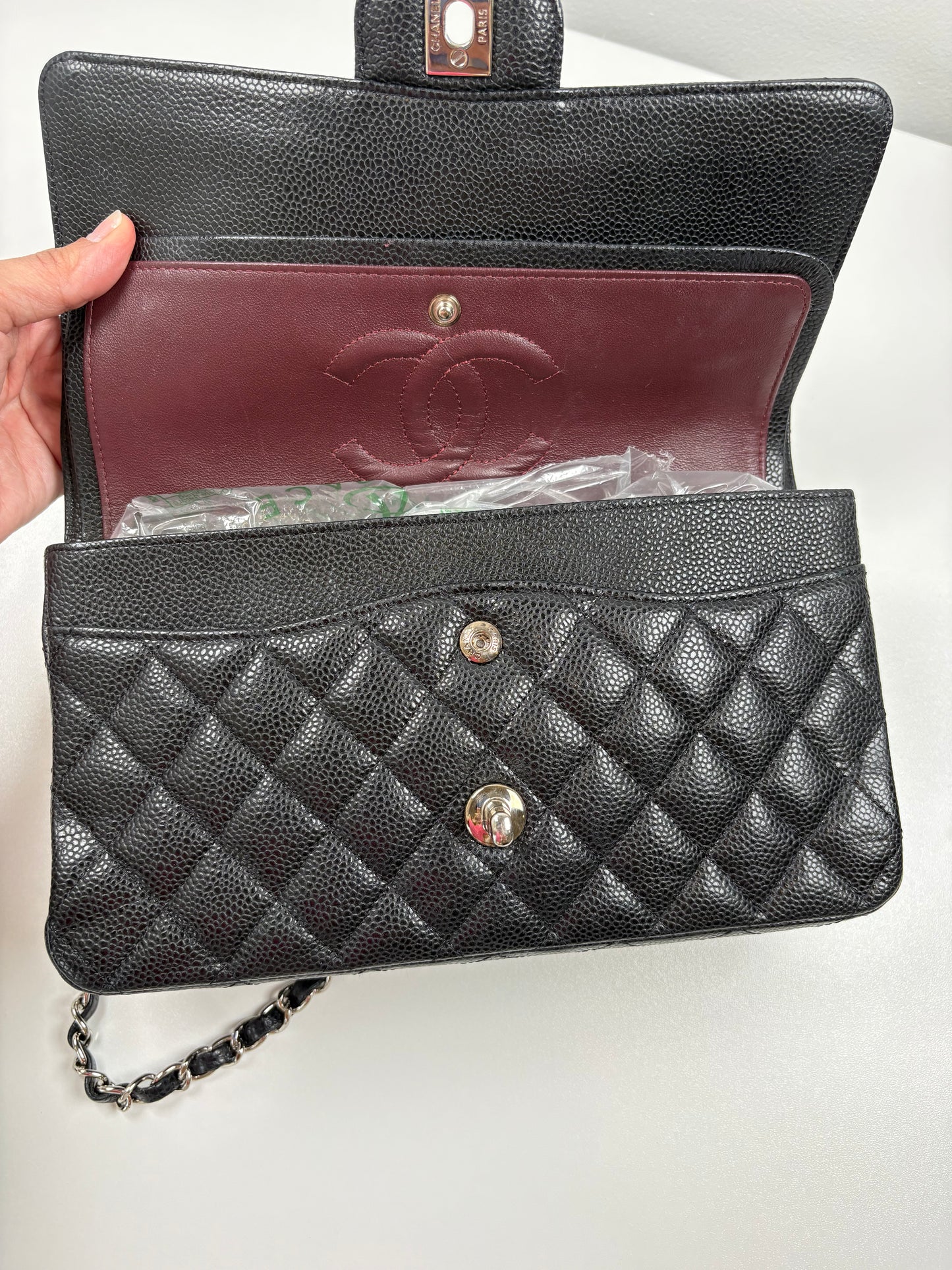 Pre-Owned CHANEL™ Double Flap Handbag, Black/SHW, Medium