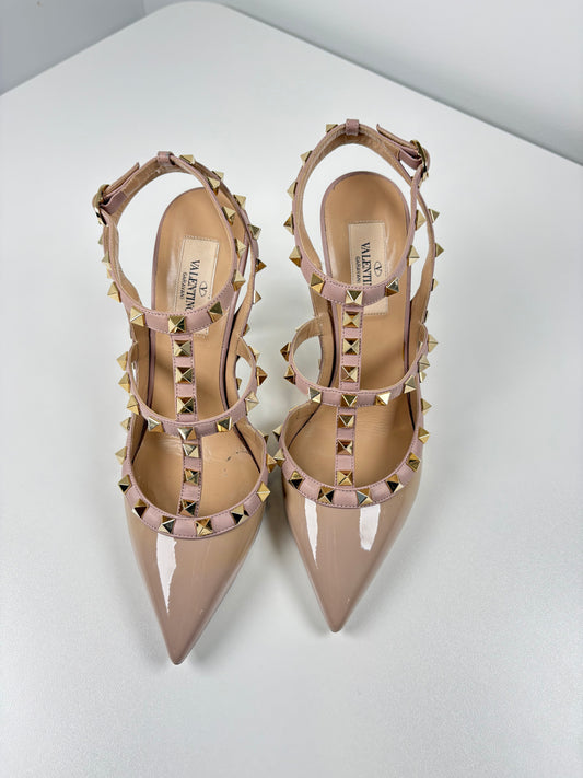 Pre-Owned VALENTINO Rockstud Patent Pumps, Nude, 37.5