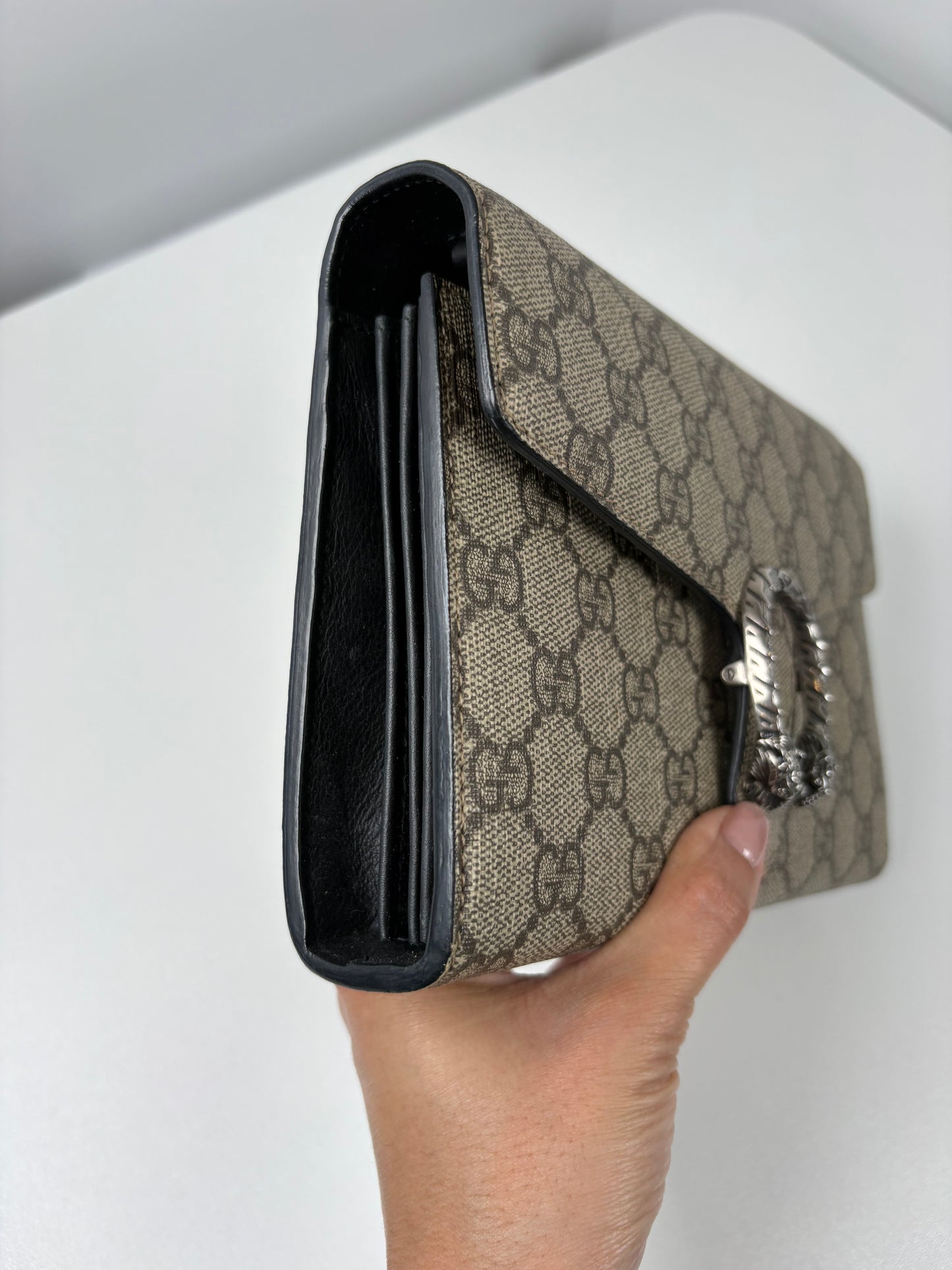 Pre-Owned GUCCI Supreme Dionysus Wallet on Chain Handbag, Beige & Ebony