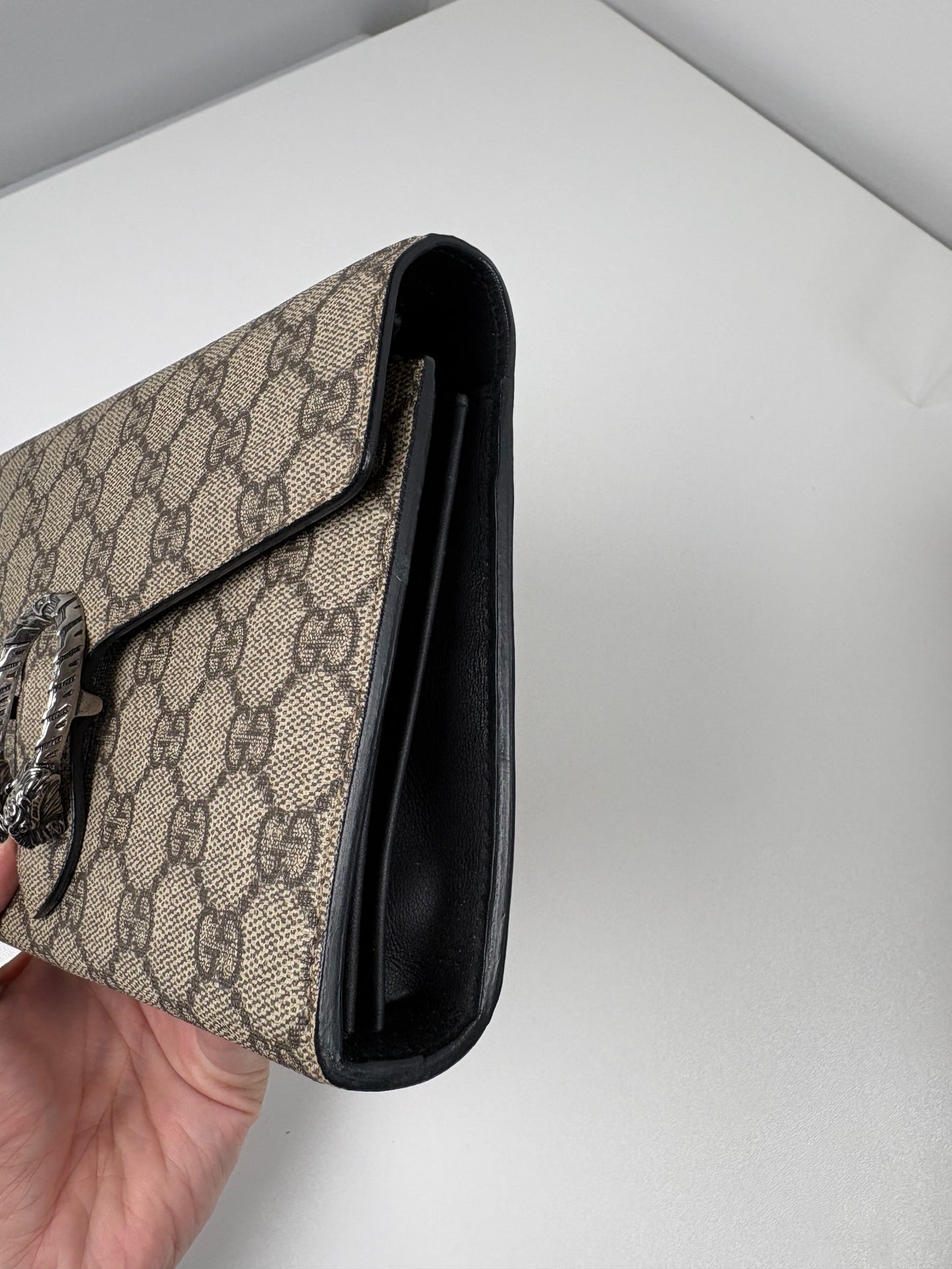 Pre-Owned GUCCI Supreme Dionysus Wallet on Chain Handbag, Beige & Ebony