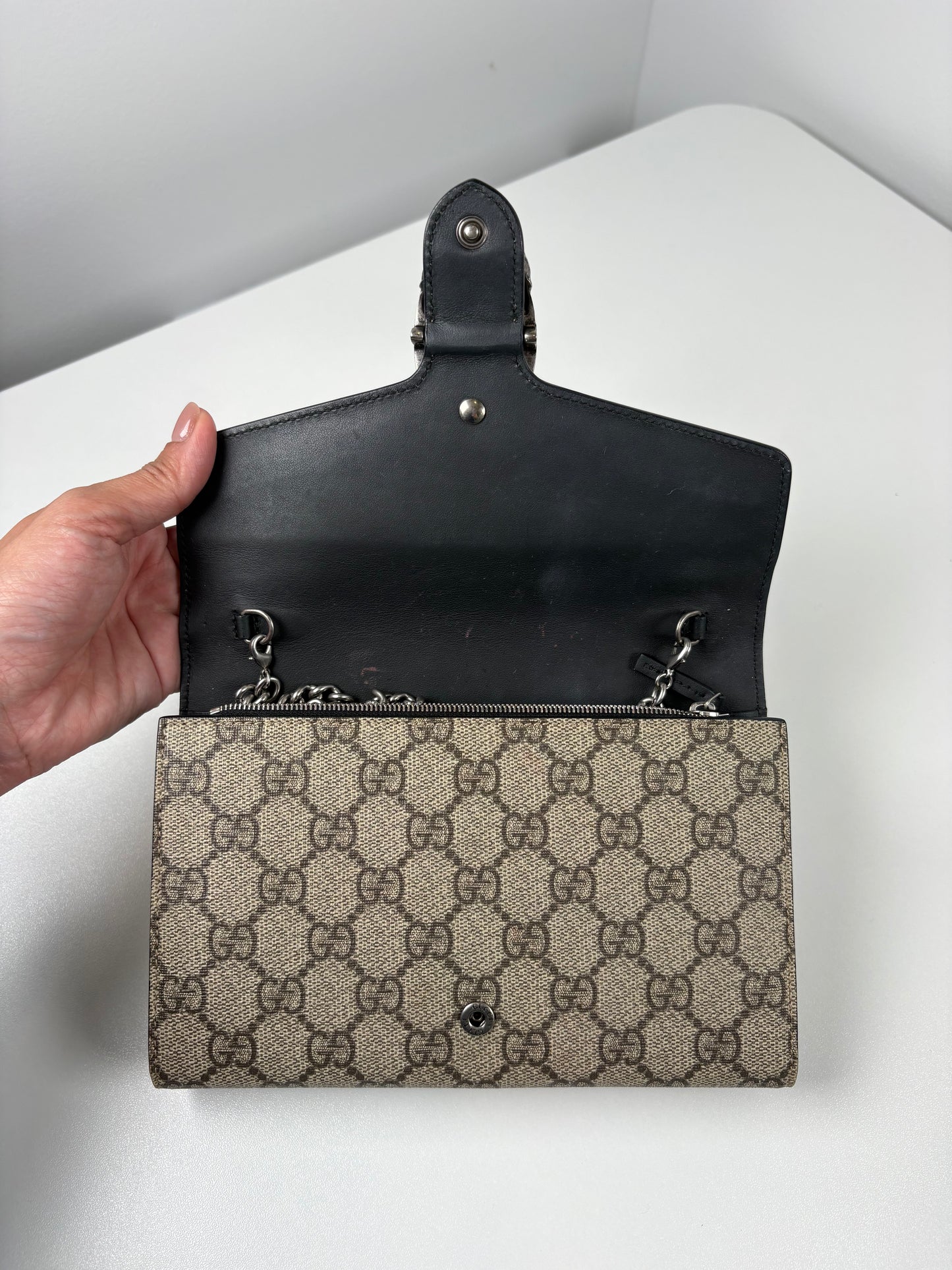 Pre-Owned GUCCI Supreme Dionysus Wallet on Chain Handbag, Beige & Ebony
