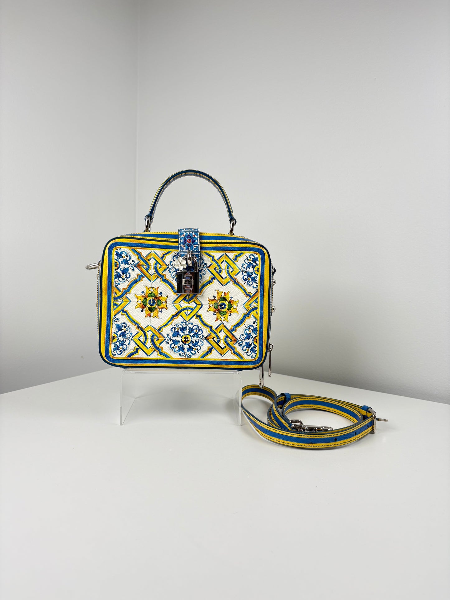 Pre-Owned DOLCE & GABBANA Majolica Print Rosaria Box Handbag, Blue/Yellow