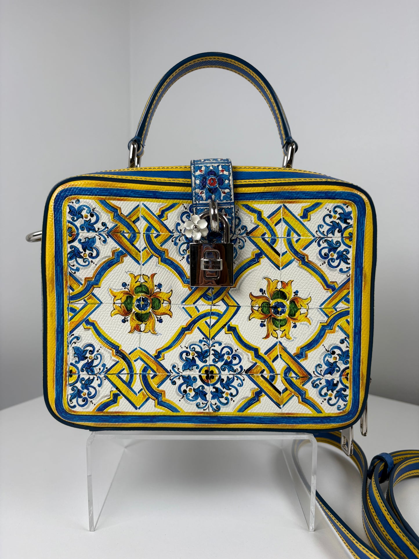 Pre-Owned DOLCE & GABBANA Majolica Print Rosaria Box Handbag, Blue/Yellow