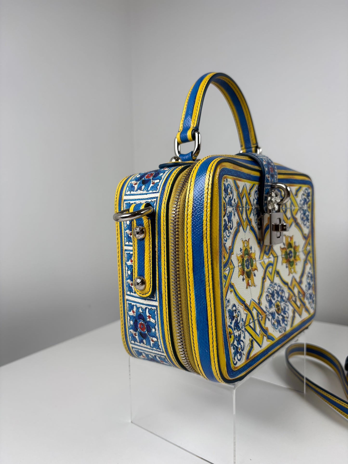 Pre-Owned DOLCE & GABBANA Majolica Print Rosaria Box Handbag, Blue/Yellow
