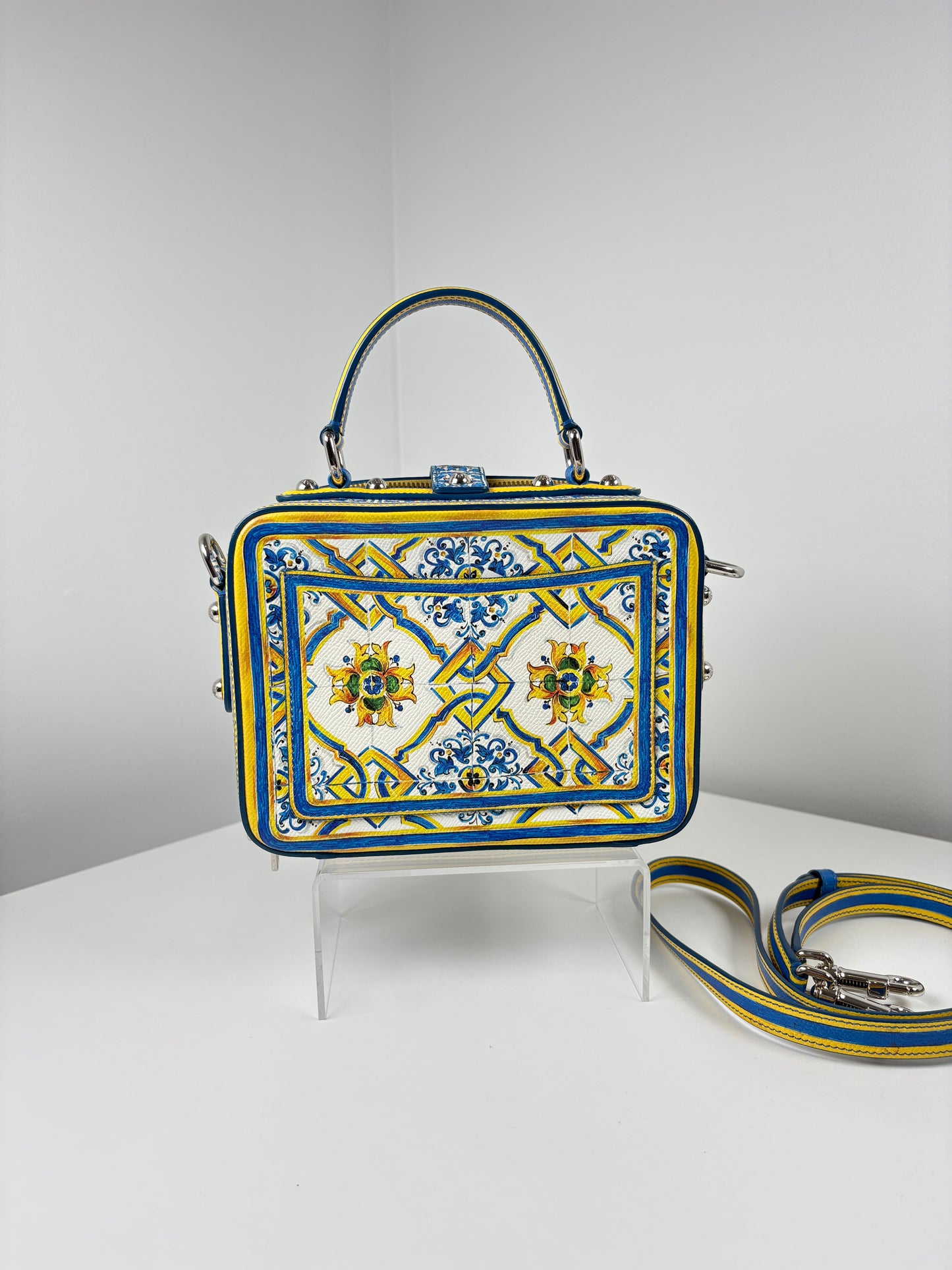 Pre-Owned DOLCE & GABBANA Majolica Print Rosaria Box Handbag, Blue/Yellow
