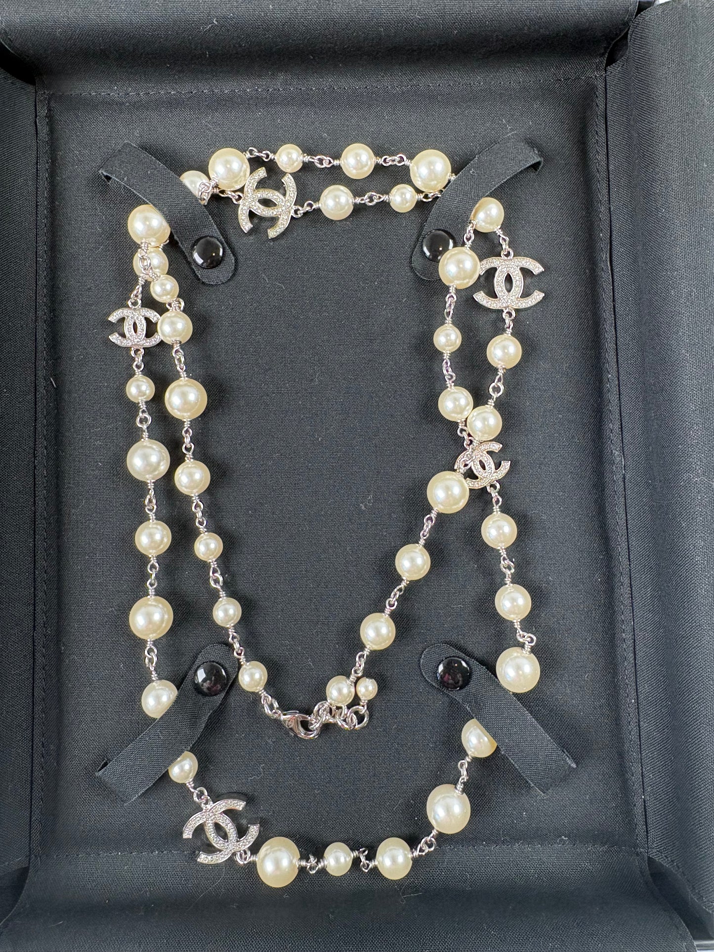Pre-Owned CHANEL™ CC Long - Faux Pearl & Silver Toned Hardware Necklace, Silver, 20"