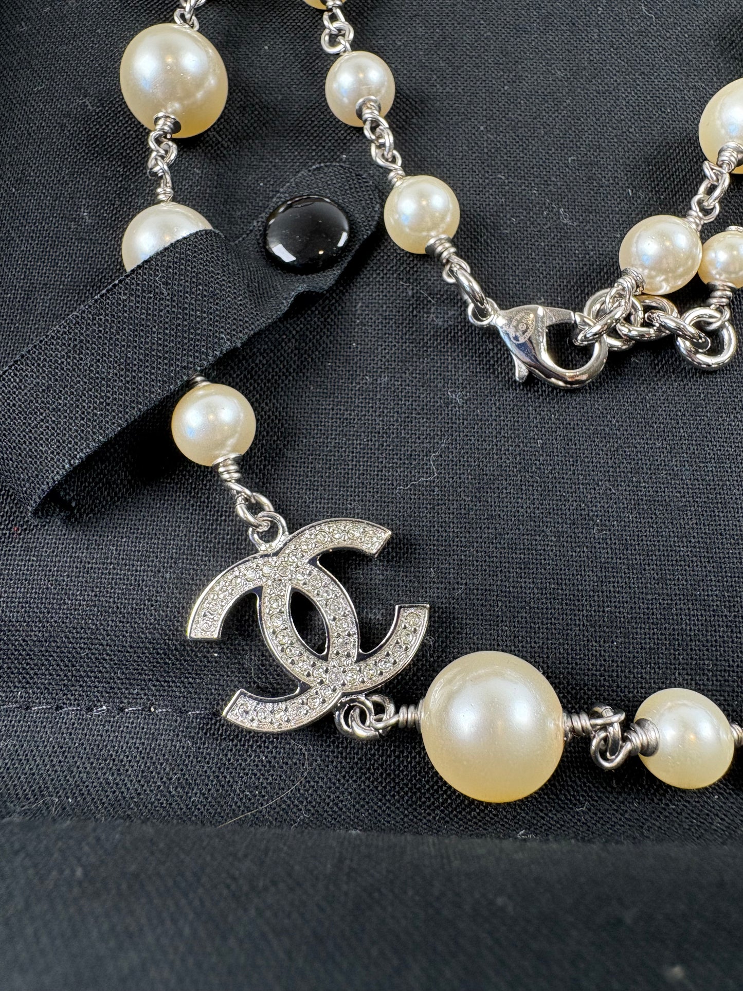 Pre-Owned CHANEL™ CC Long - Faux Pearl & Silver Toned Hardware Necklace, Silver, 20"