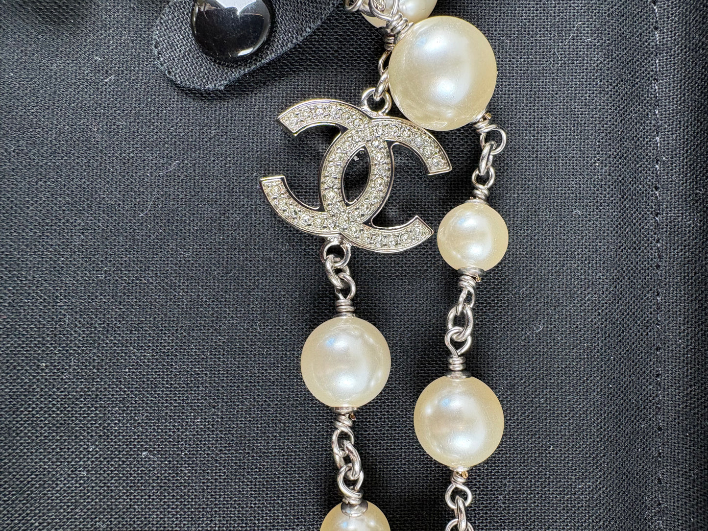 Pre-Owned CHANEL™ CC Long - Faux Pearl & Silver Toned Hardware Necklace, Silver, 20"