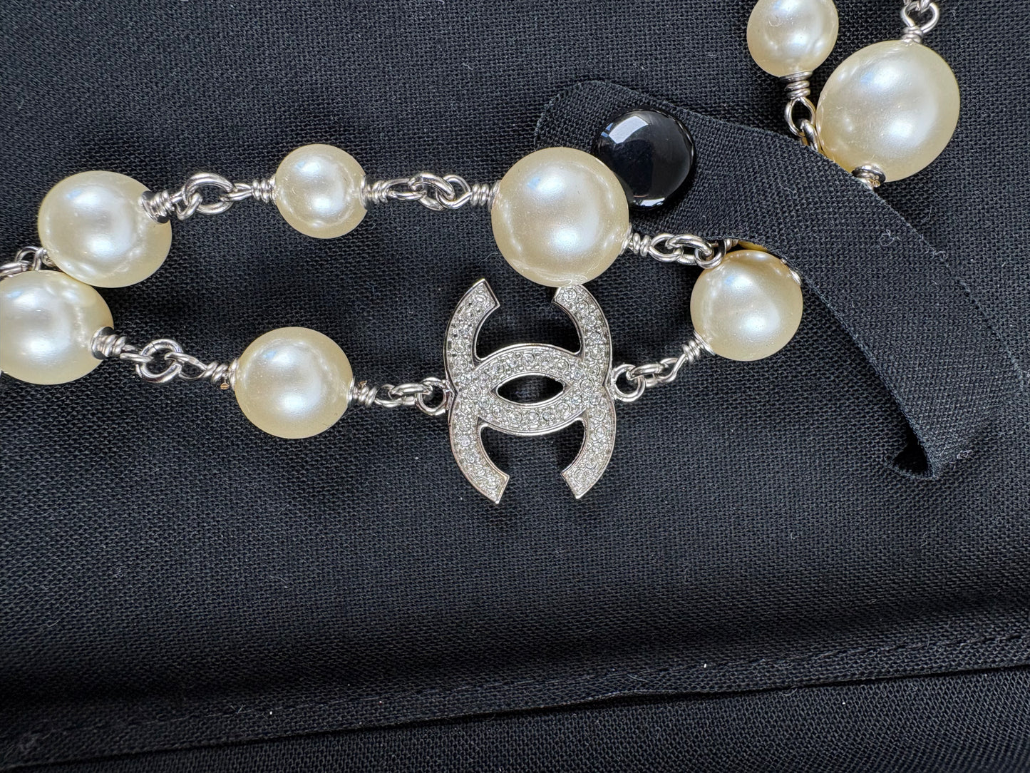 Pre-Owned CHANEL™ CC Long - Faux Pearl & Silver Toned Hardware Necklace, Silver, 20"