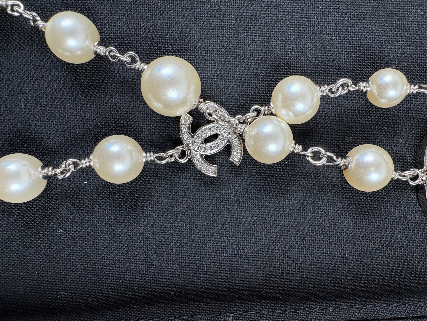 Pre-Owned CHANEL™ CC Long - Faux Pearl & Silver Toned Hardware Necklace, Silver, 20"