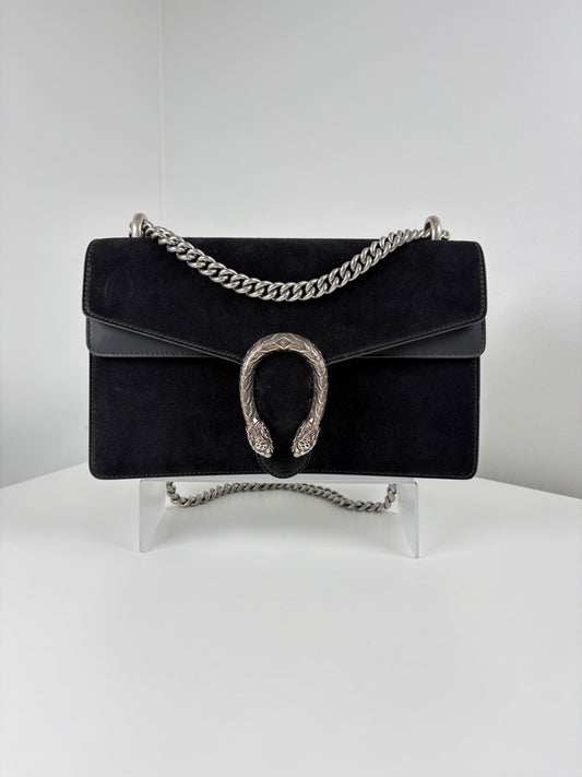 Pre-Owned GUCCI Dionysus Tiger Head Handbag, Black Suede