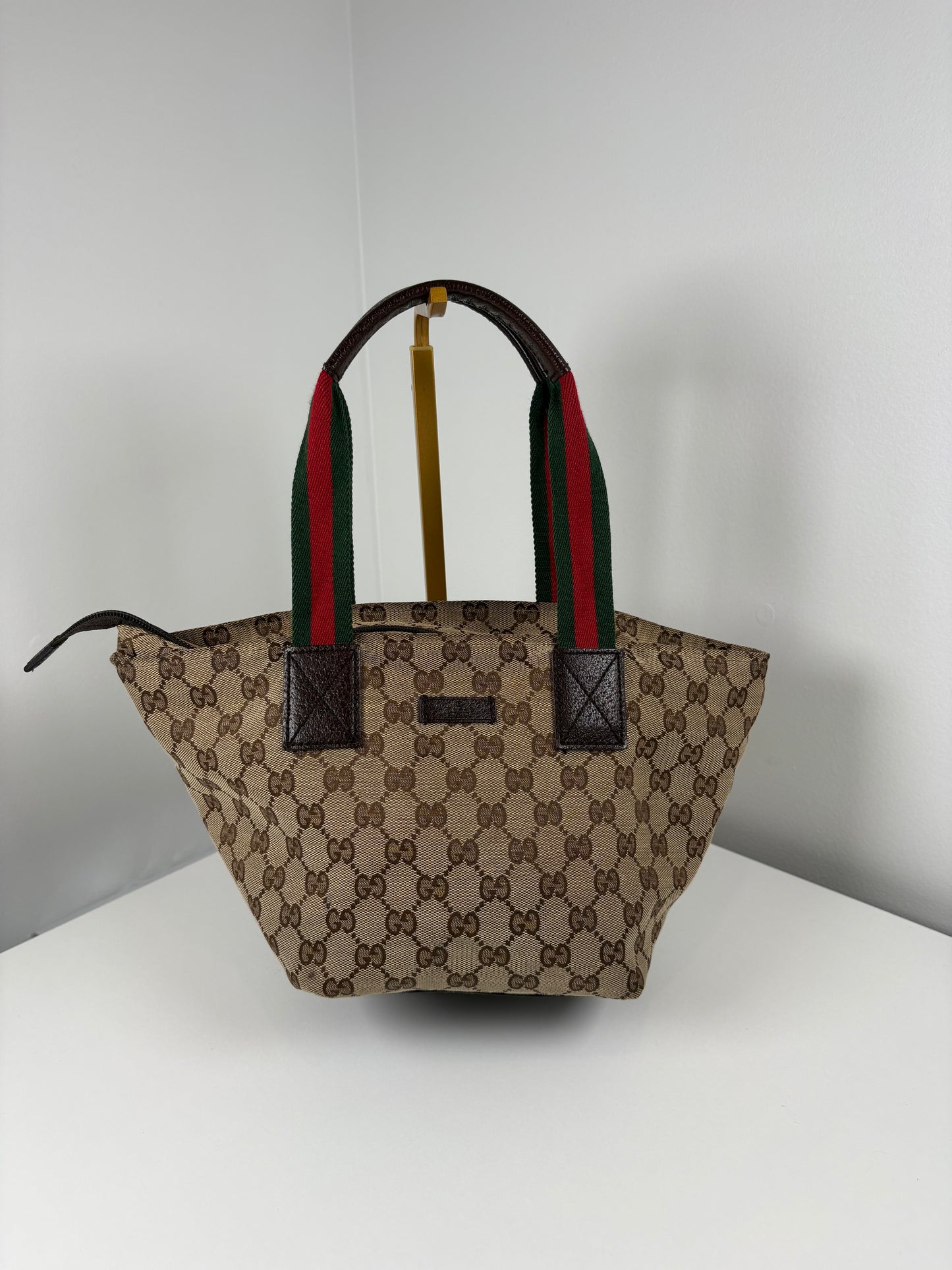 Pre-Owned GUCCI Monogram Web Handle Bucket Tote Handbag
