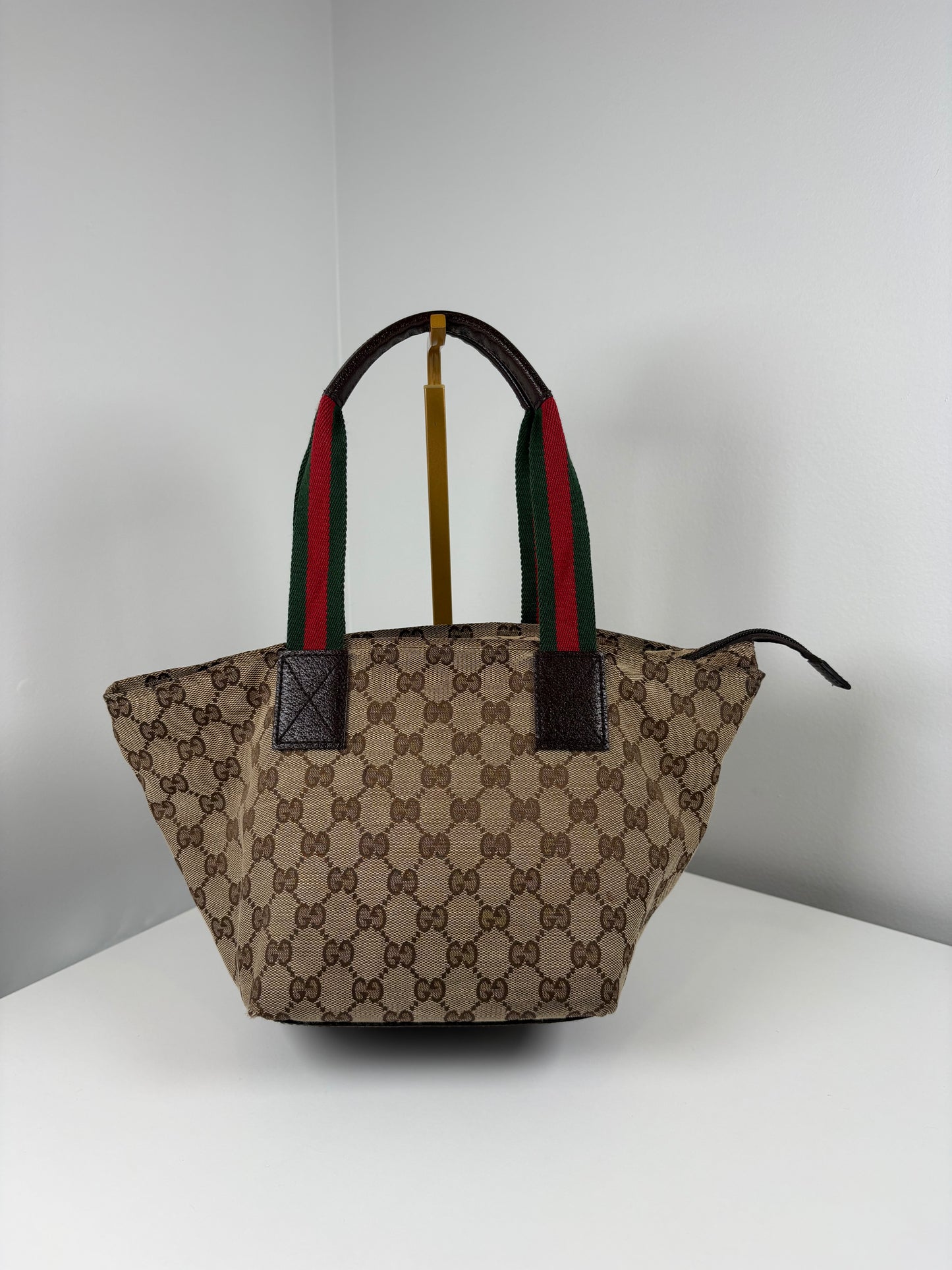 Pre-Owned GUCCI Monogram Web Handle Bucket Tote Handbag