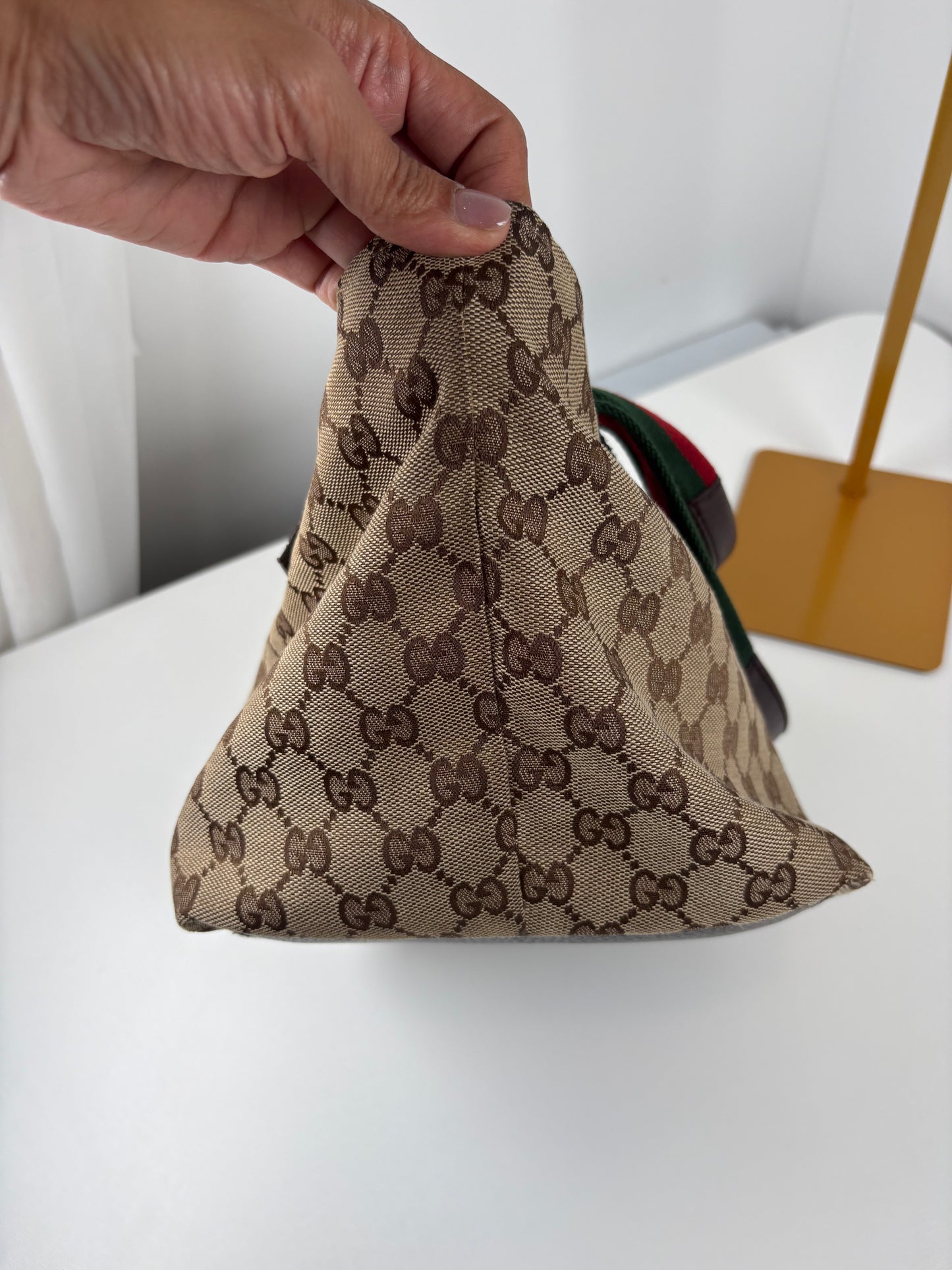 Pre-Owned GUCCI Monogram Web Handle Bucket Tote Handbag
